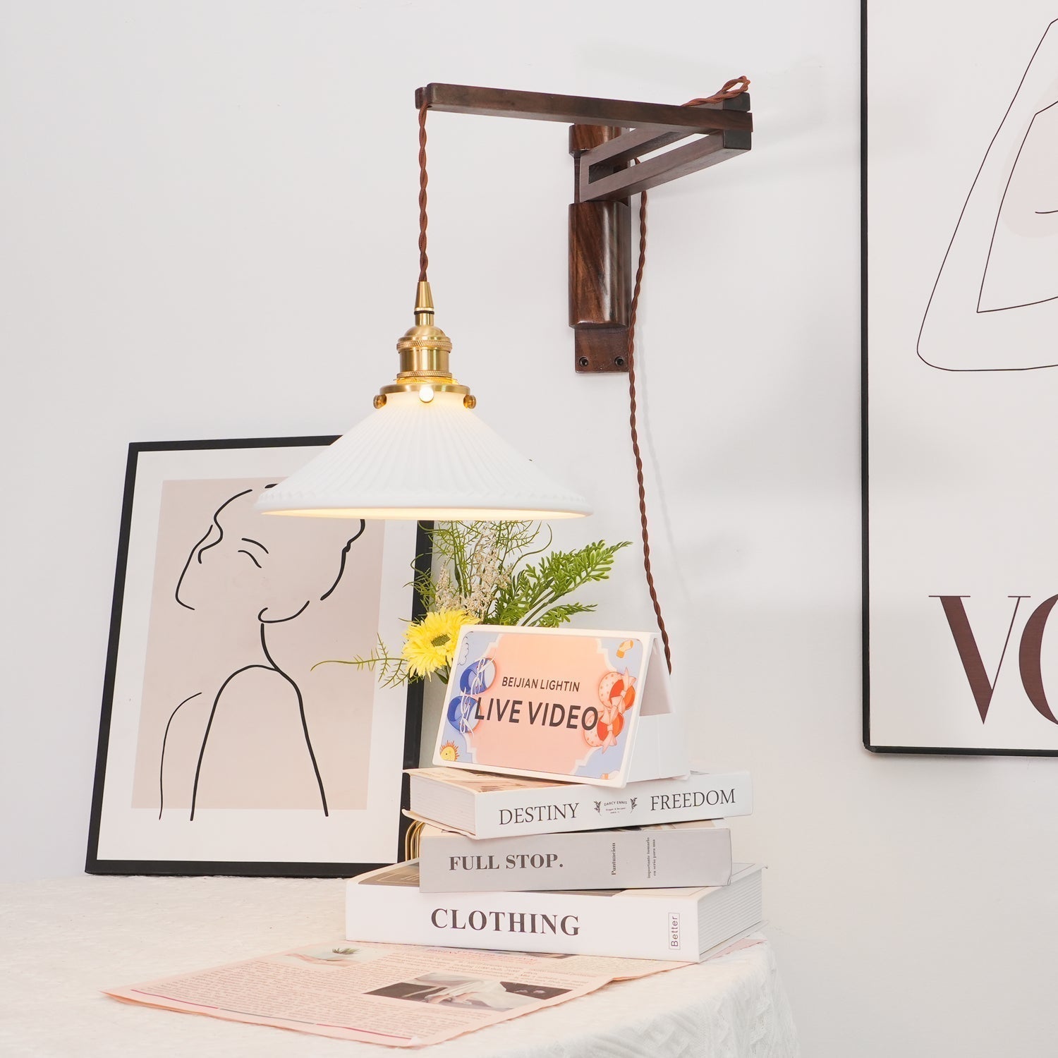 Illaee Nordic Art Swing Arm Walnut Ceramic Wall Light - Neutralighting