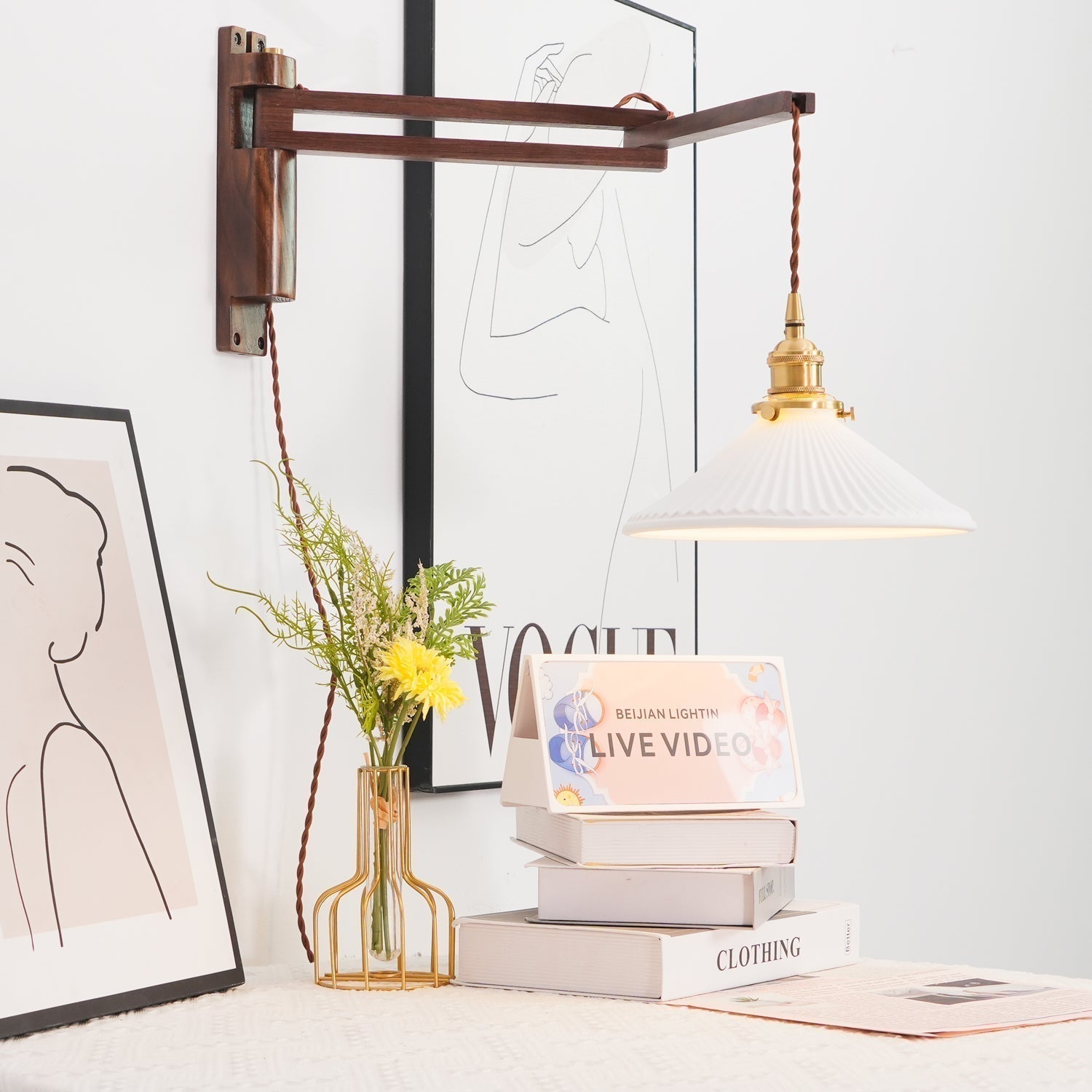 Illaee Nordic Art Swing Arm Walnut Ceramic Wall Light - Neutralighting