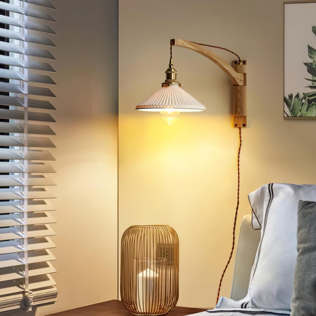 Orphaarae Nordic Art Swing Arm Walnut Ceramic Wall Lamp - Neutralighting
