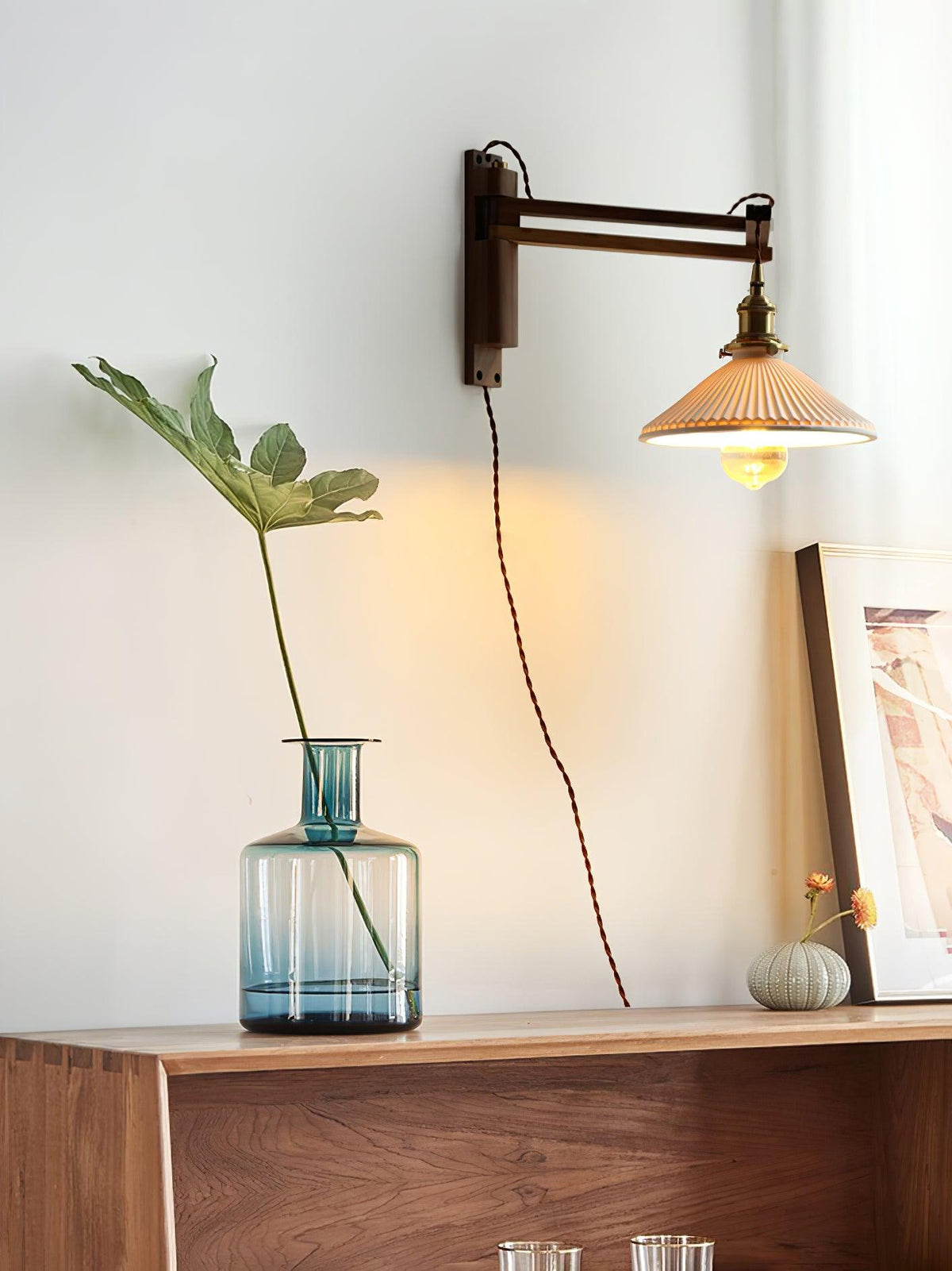 Orphaarae Nordic Art Swing Arm Walnut Ceramic Wall Lamp - Neutralighting