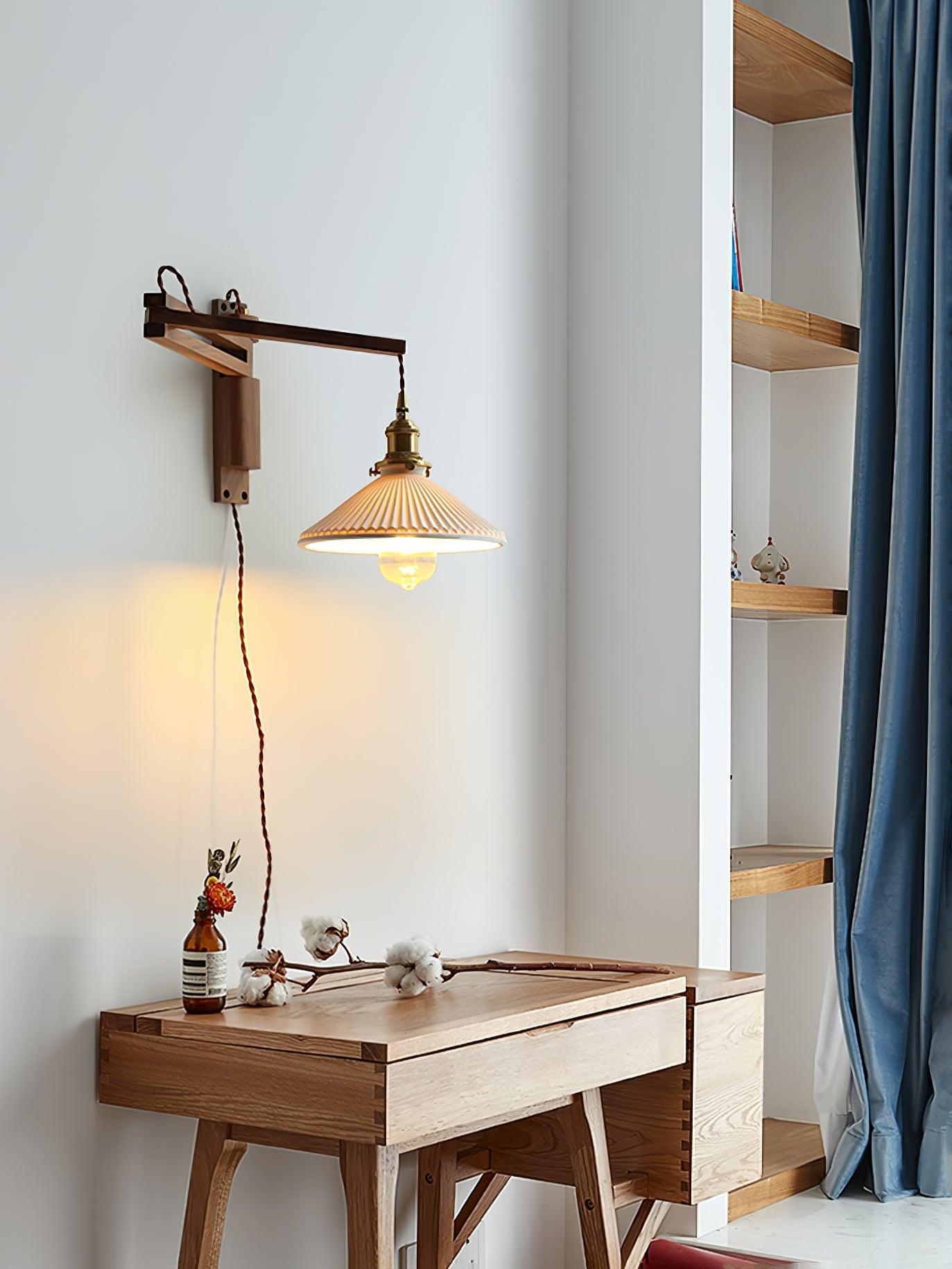 Illaee Nordic Art Swing Arm Walnut Ceramic Wall Light - Neutralighting