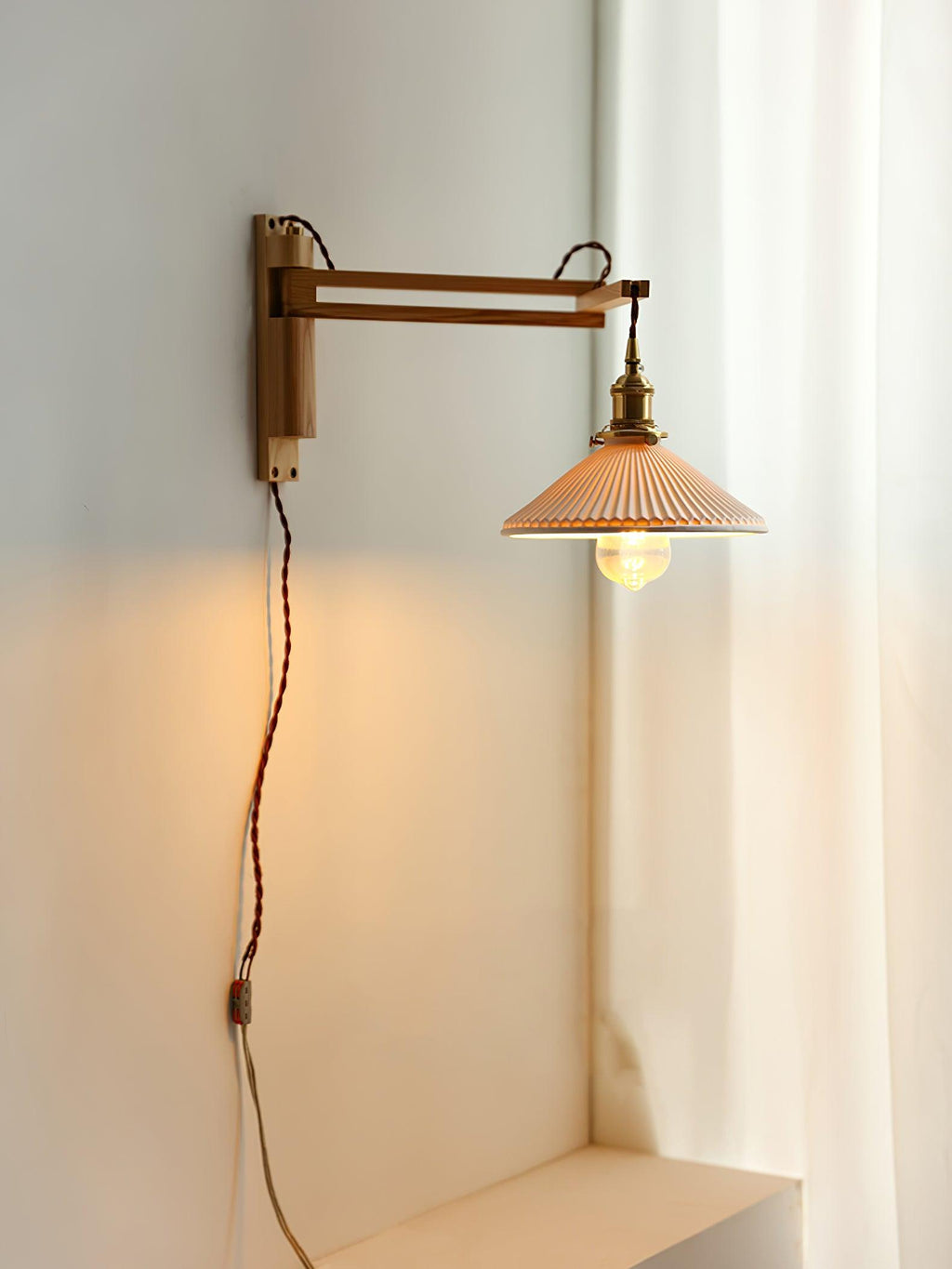 Illaee Nordic Art Swing Arm Walnut Ceramic Wall Light - Neutralighting