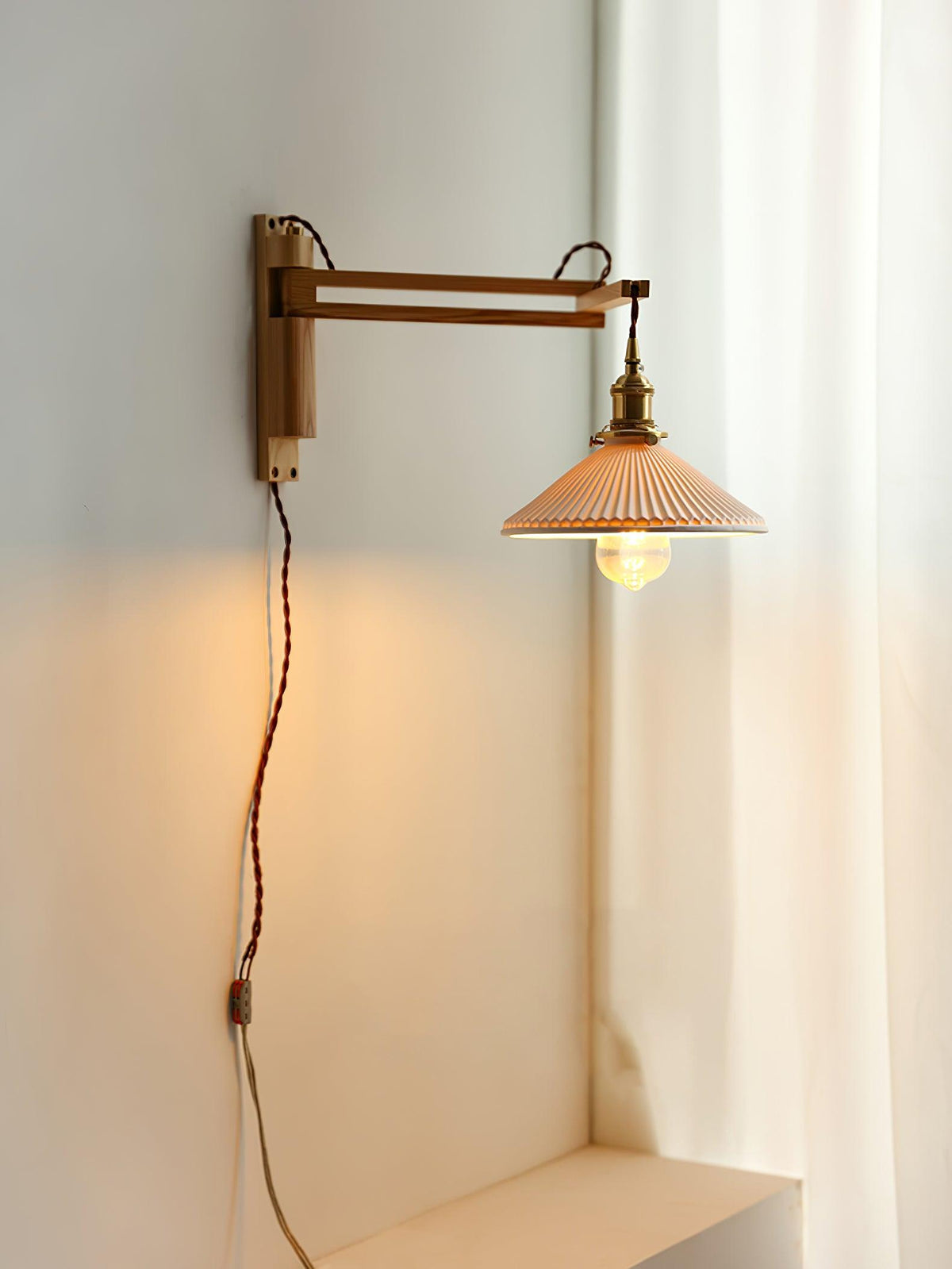 Orphaarae Nordic Art Swing Arm Walnut Ceramic Wall Lamp - Neutralighting