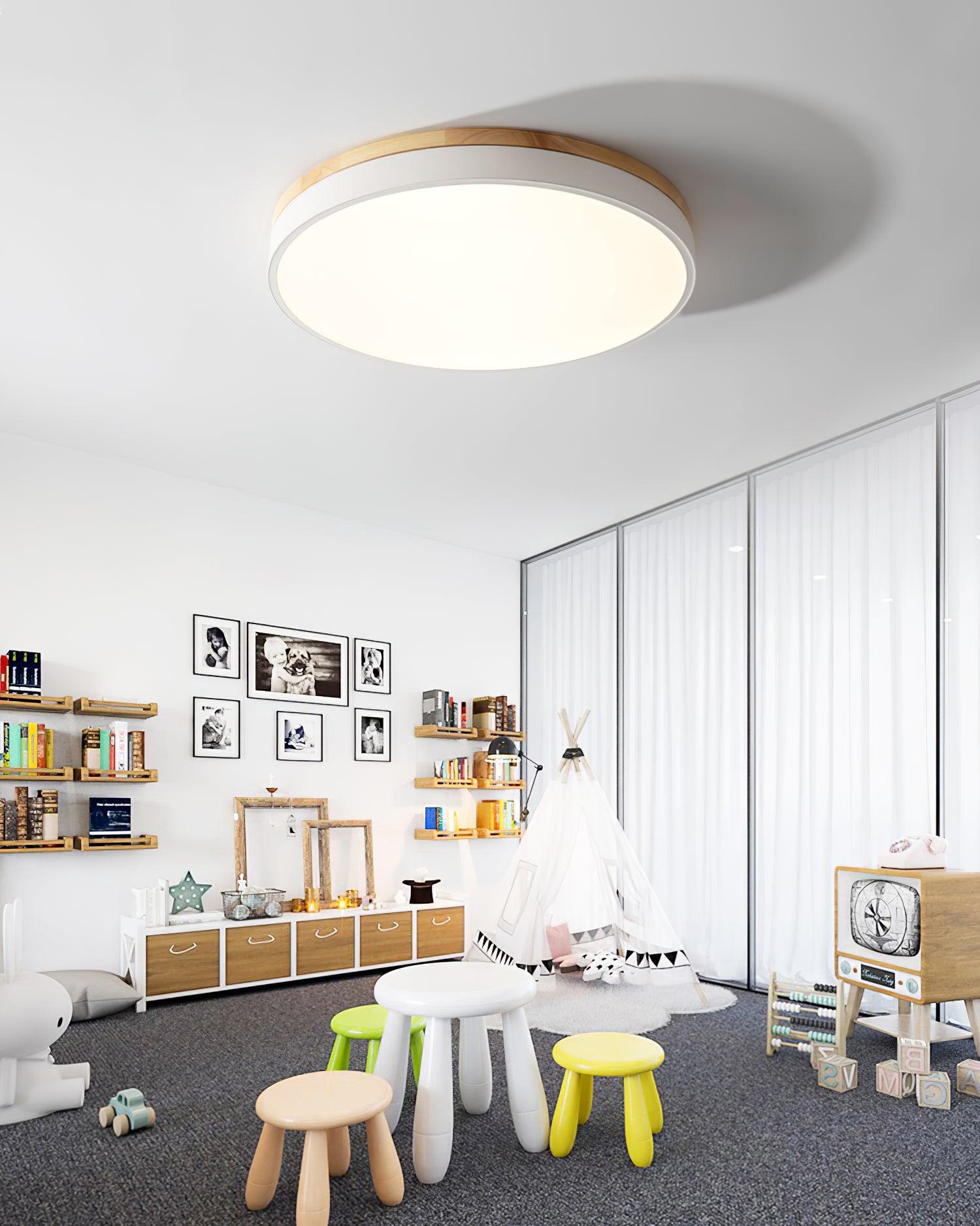 Solara Plafonnier Blanc Ronde avec Bois - Neutralighting