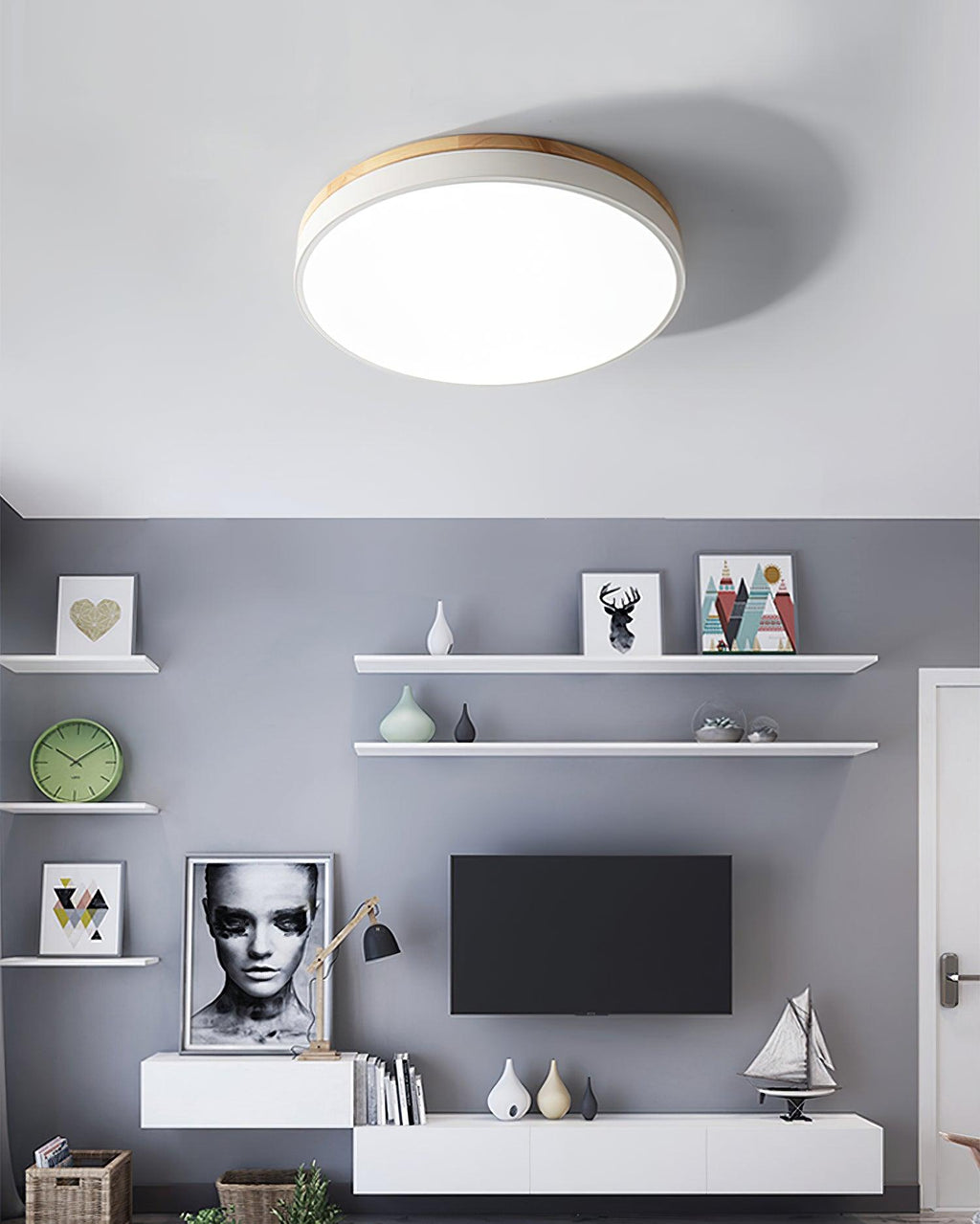 Solara Plafonnier Blanc Ronde avec Bois - Neutralighting