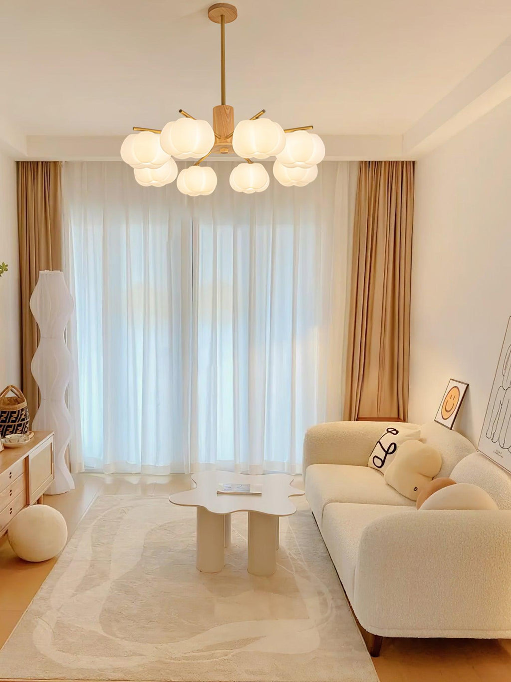 Lustra Chandelier Boules de Coton Bois Doré PE - Neutralighting