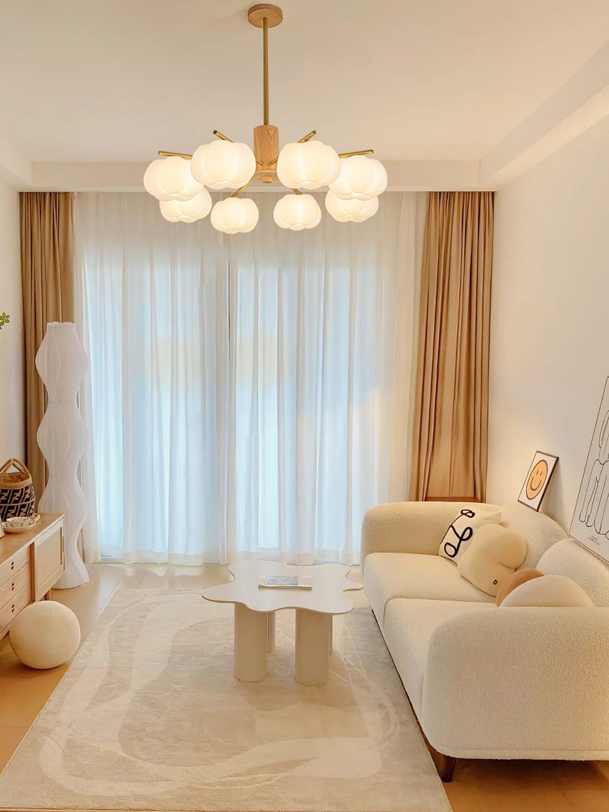 Lustra Chandelier Boules de Coton Bois Doré PE - Neutralighting