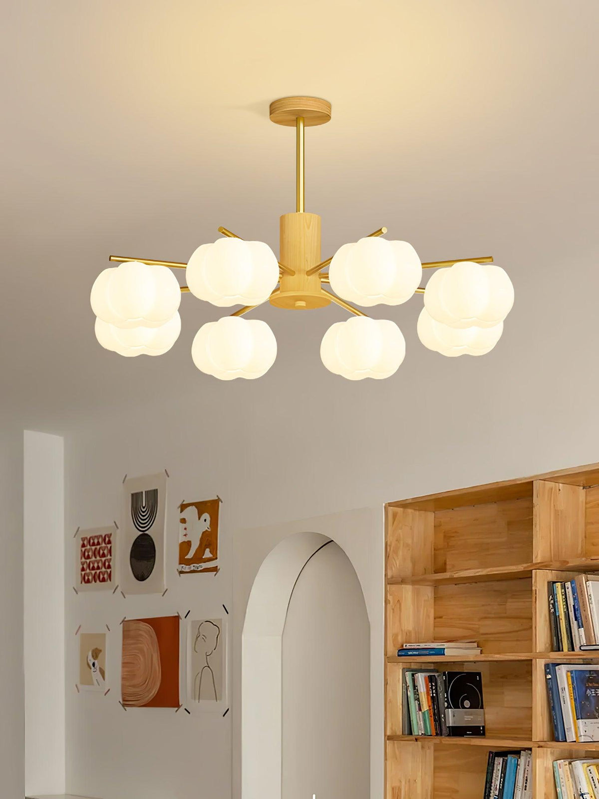 Lustra Chandelier Boules de Coton Bois Doré PE - Neutralighting