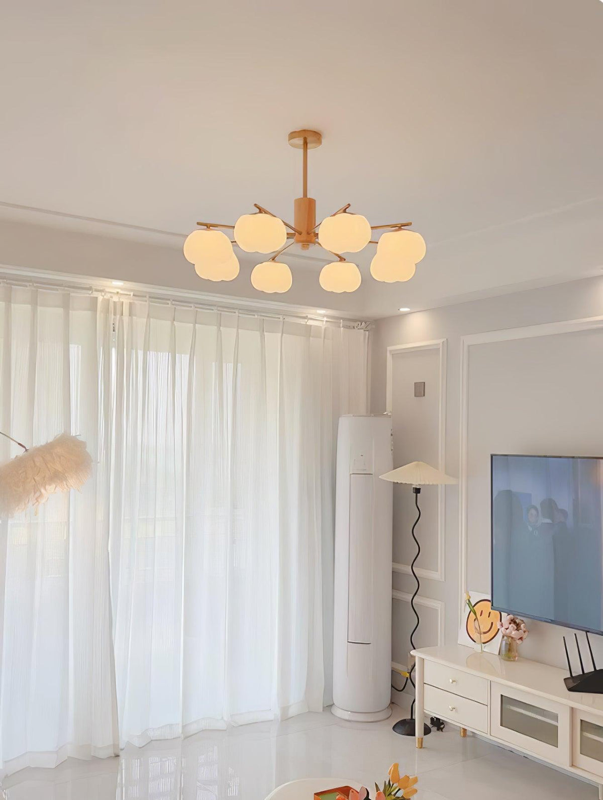 Lustra Chandelier Boules de Coton Bois Doré PE - Neutralighting