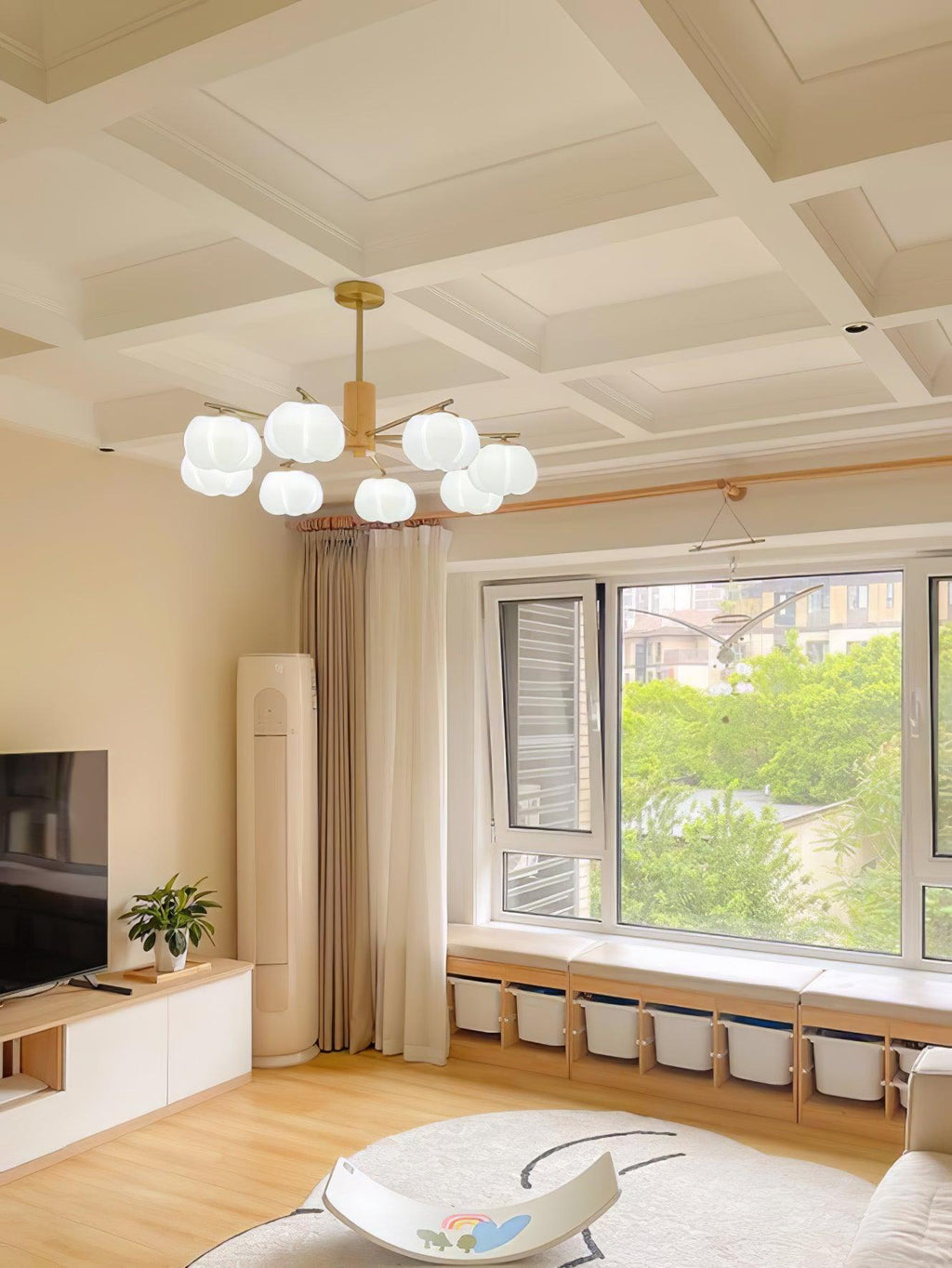 Lustra Chandelier Boules de Coton Bois Doré PE - Neutralighting