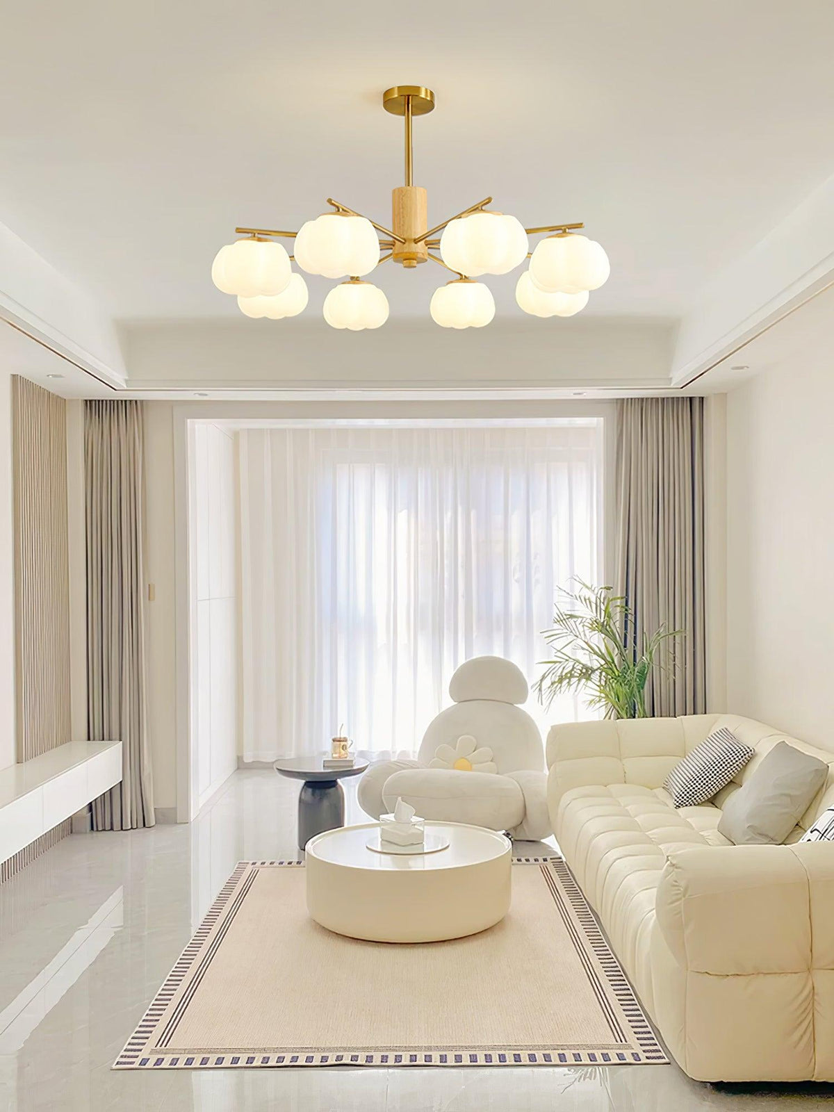Lustra Chandelier Boules de Coton Bois Doré PE - Neutralighting