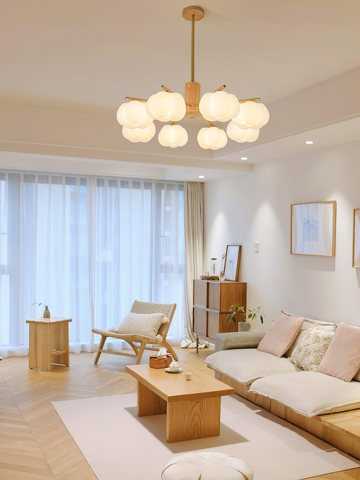Lustra Chandelier Boules de Coton Bois Doré PE - Neutralighting