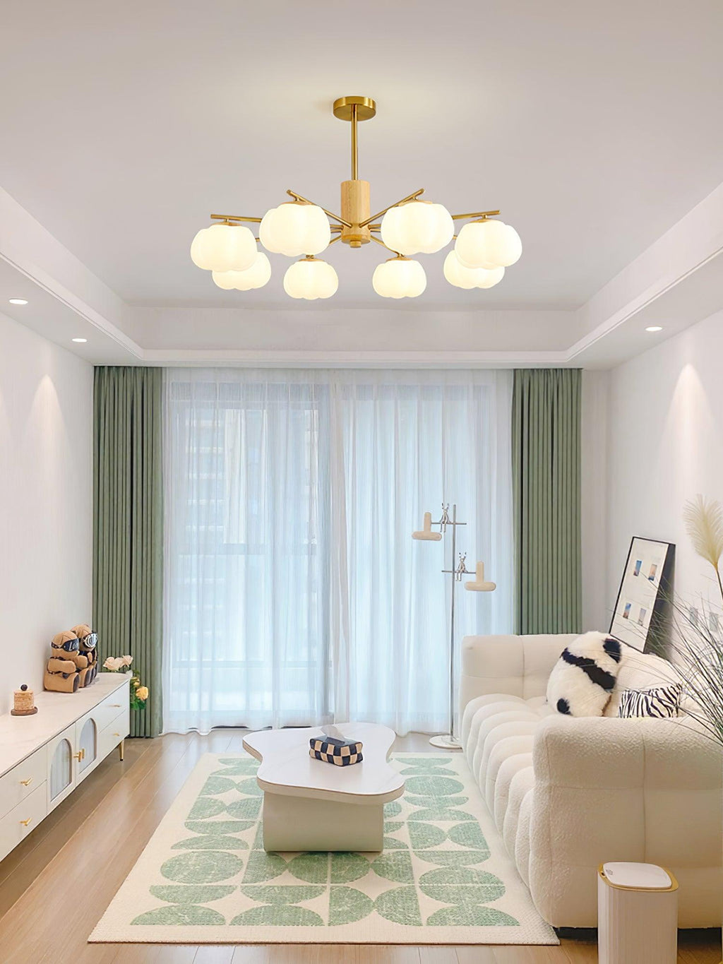 Lustra Chandelier Boules de Coton Bois Doré PE - Neutralighting
