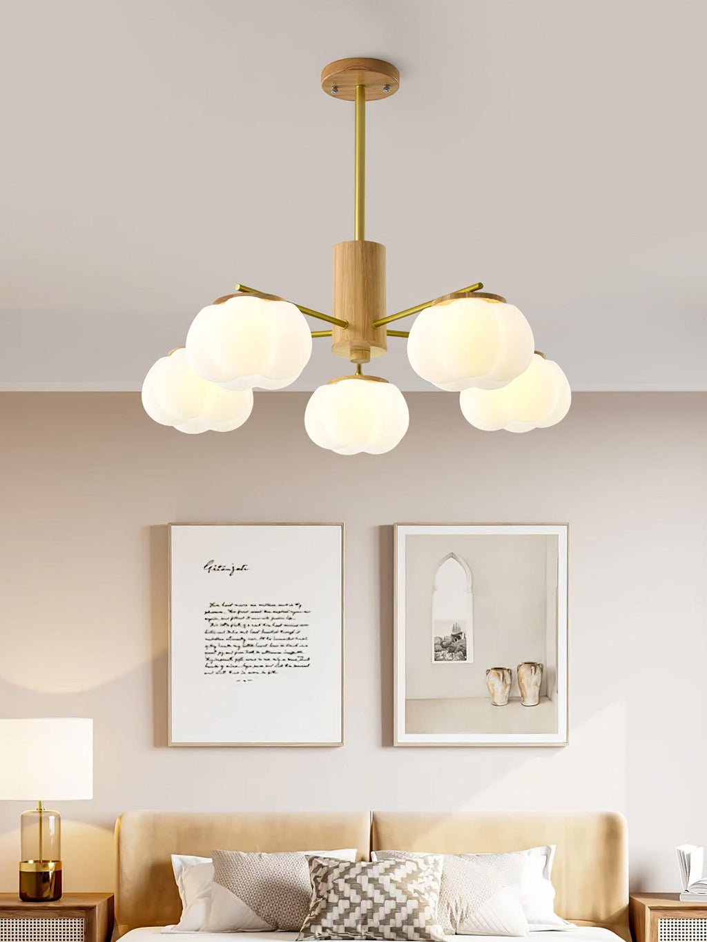 Lustra Chandelier Boules de Coton Bois Doré PE - Neutralighting