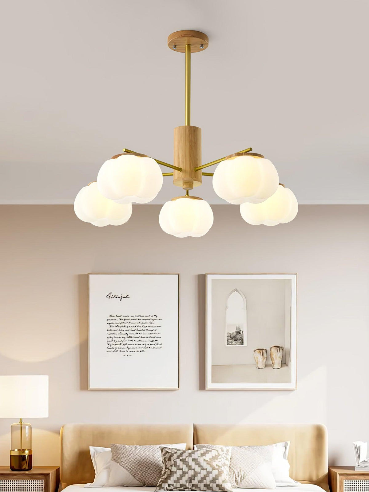 Lustra Chandelier Boules de Coton Bois Doré PE - Neutralighting