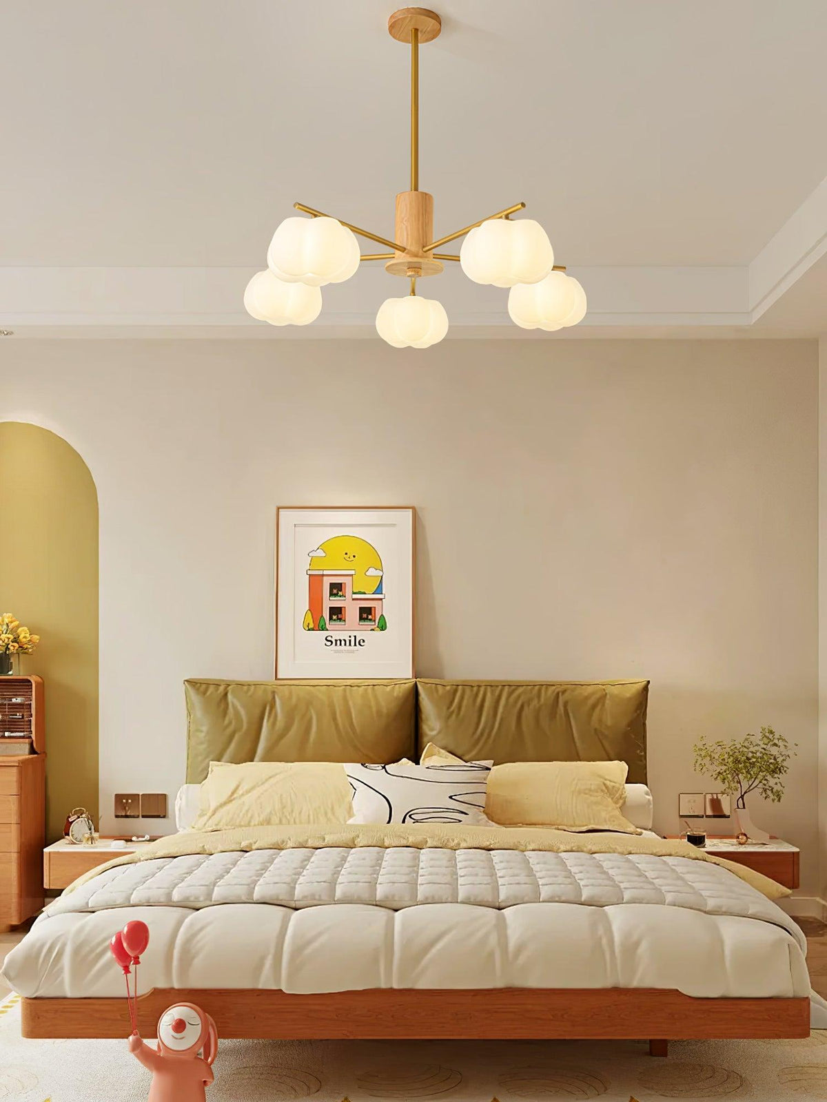 Lustra Chandelier Boules de Coton Bois Doré PE - Neutralighting