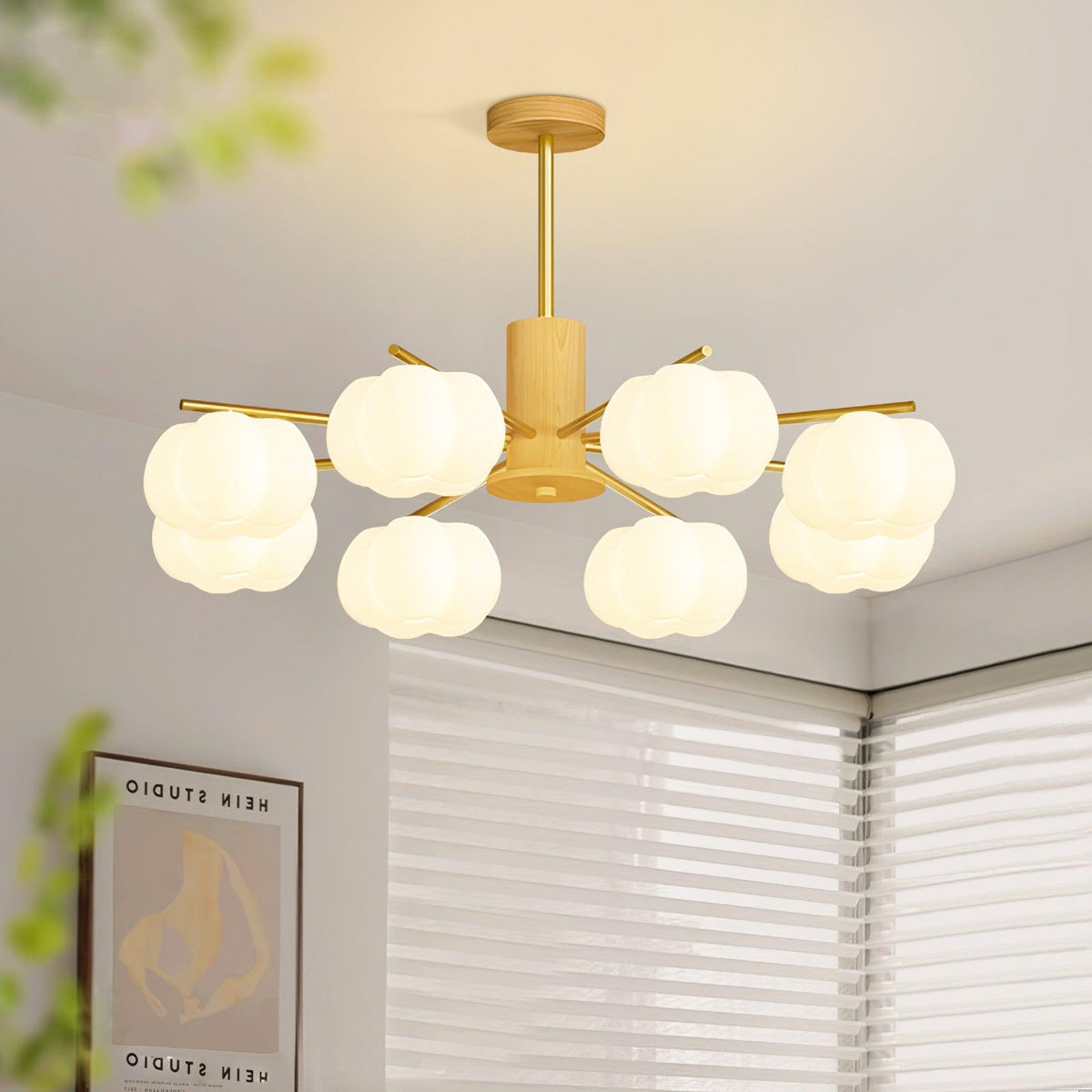 Lustra Chandelier Boules de Coton Bois Doré PE - Neutralighting