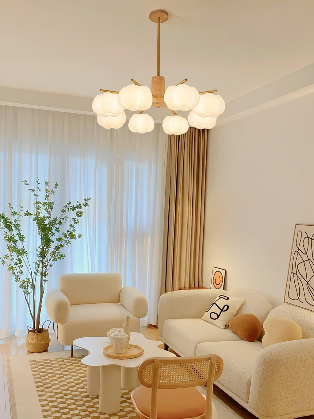 Lustra Chandelier Boules de Coton Bois Doré PE - Neutralighting