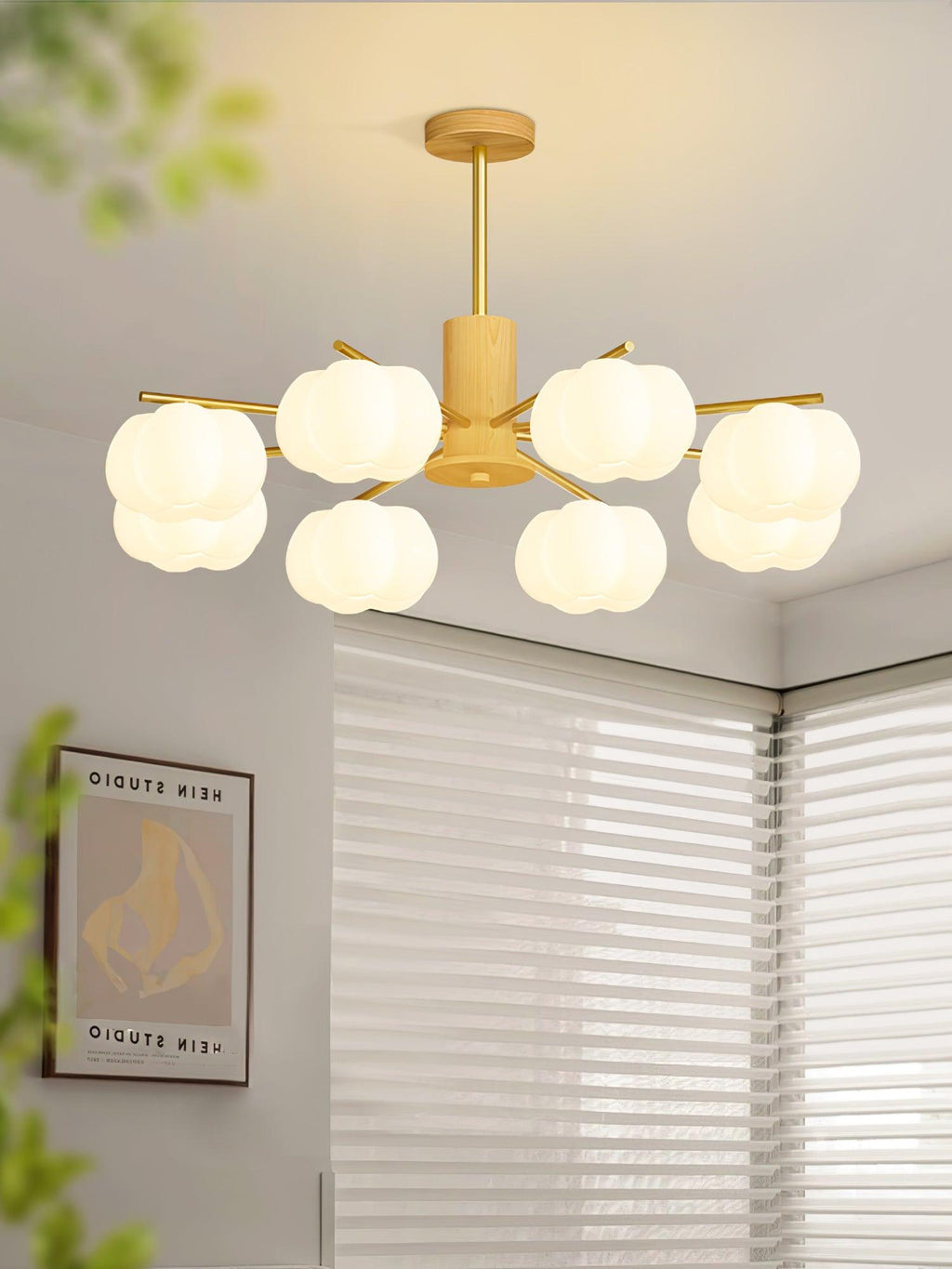 Lustra Chandelier Boules de Coton Bois Doré PE - Neutralighting