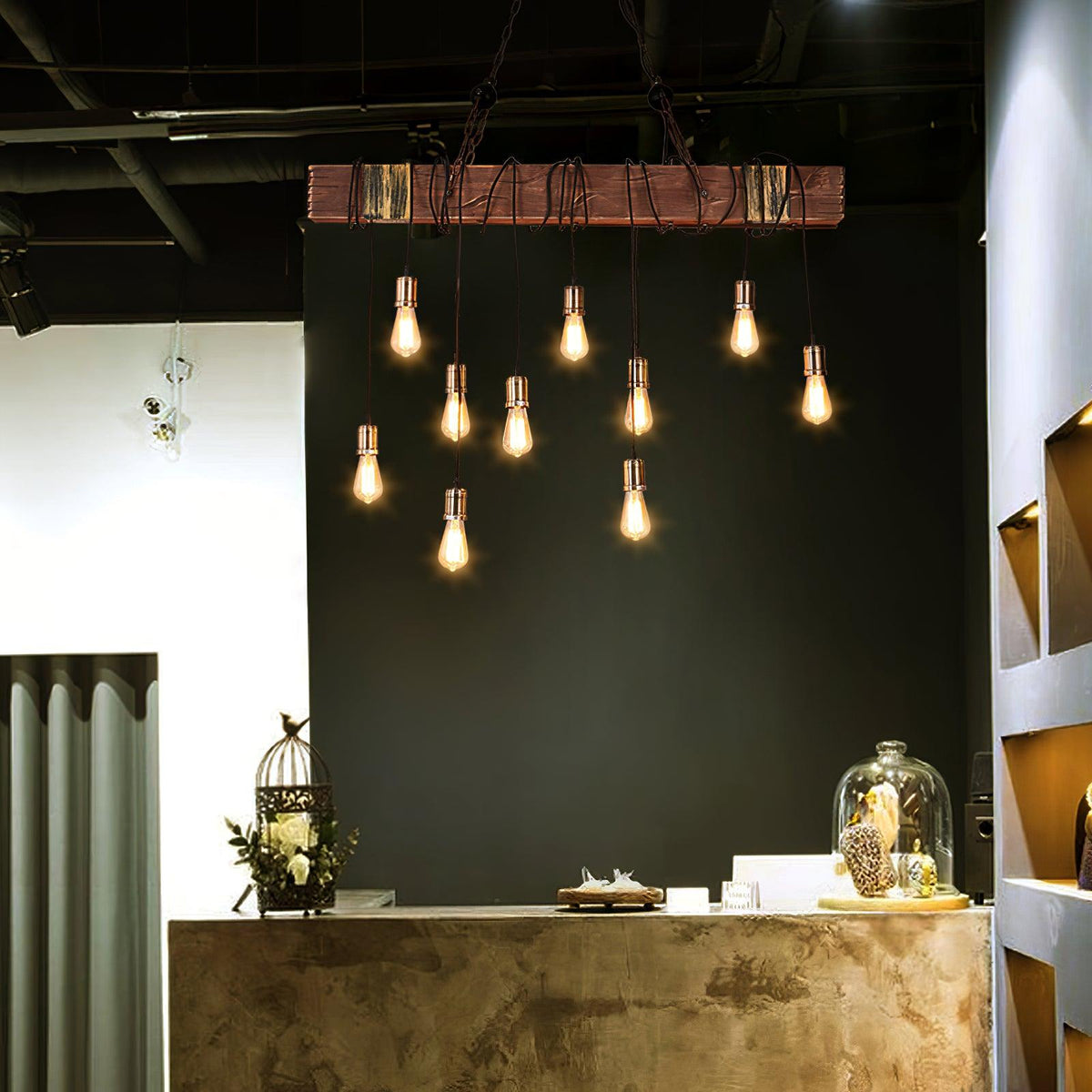 Lustra Chandelier Poutre en Bois Ampoule Edison Rustique - Neutralighting