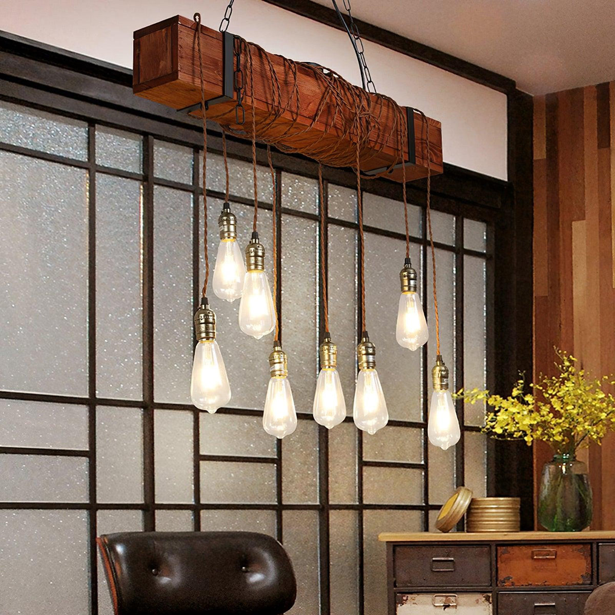 Lustra Chandelier Poutre en Bois Ampoule Edison Rustique - Neutralighting