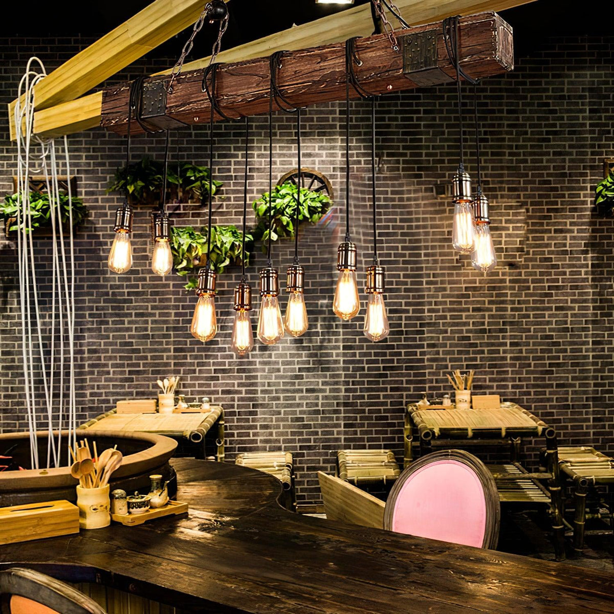 Lustra Chandelier Poutre en Bois Ampoule Edison Rustique - Neutralighting