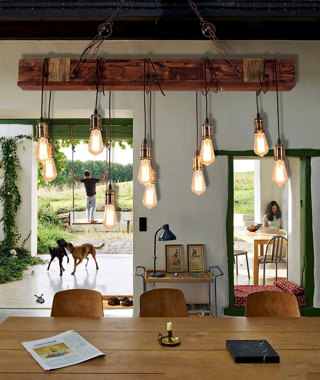 Lustra Chandelier Poutre en Bois Ampoule Edison Rustique - Neutralighting