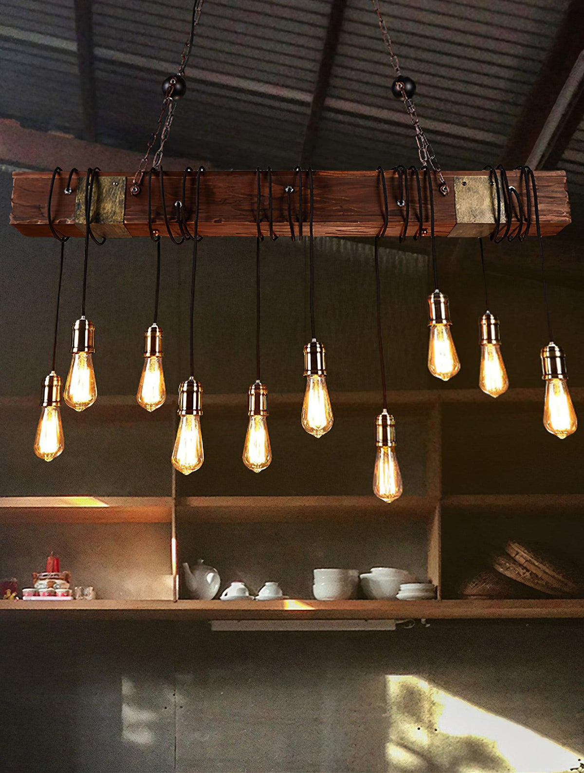 Lustra Chandelier Poutre en Bois Ampoule Edison Rustique - Neutralighting