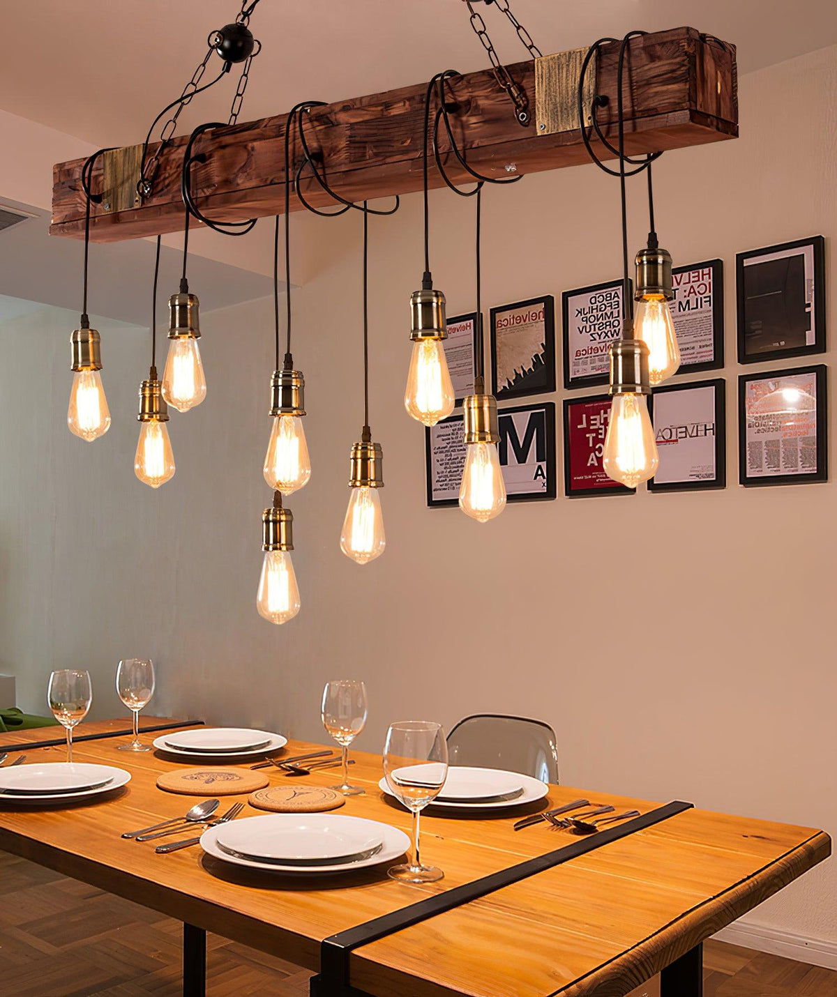 Lustra Chandelier Poutre en Bois Ampoule Edison Rustique - Neutralighting