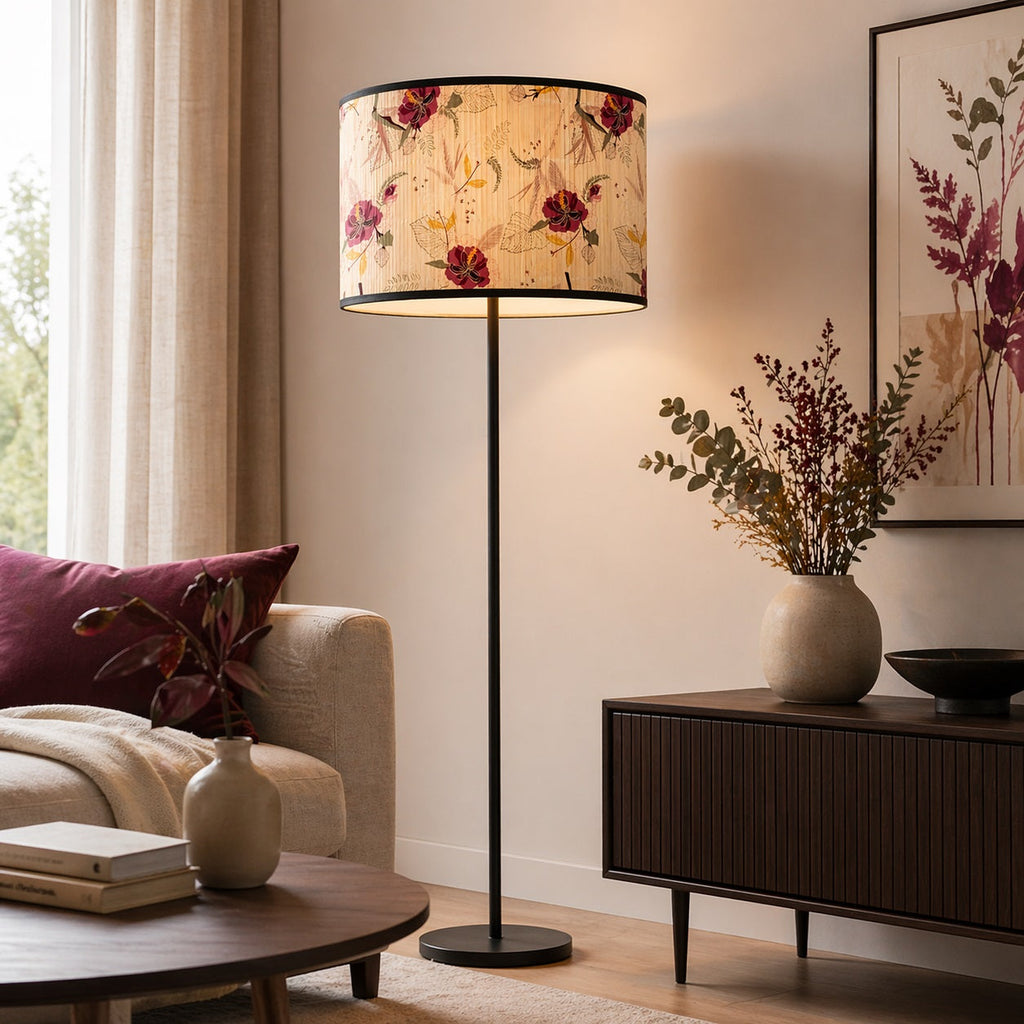 Abat-jour Tambour en bambou - Red Flowers