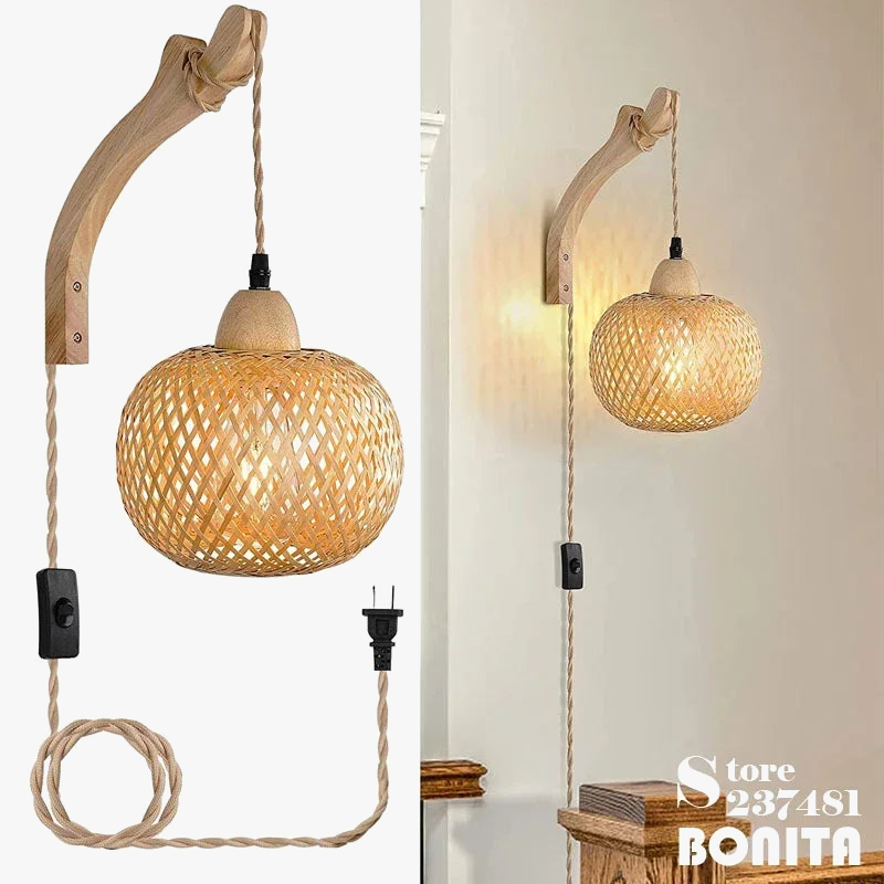Applique murale en rotin et bois style japonais décoration intérieure Léandre Silhouette - Matière Végétale & Charme Délicat