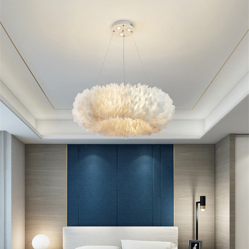 O'Moore Suspension Rond Moderne, Acrylique/Métal/Plume, Blanc, Chambre - Neutralighting
