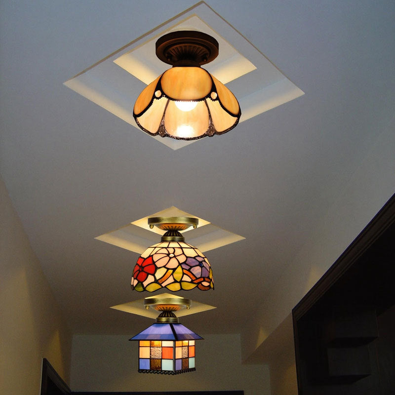 Tiffany Plafonnier Dôme Vintage, Métal/Verre, Coloré, Salon - Neutralighting