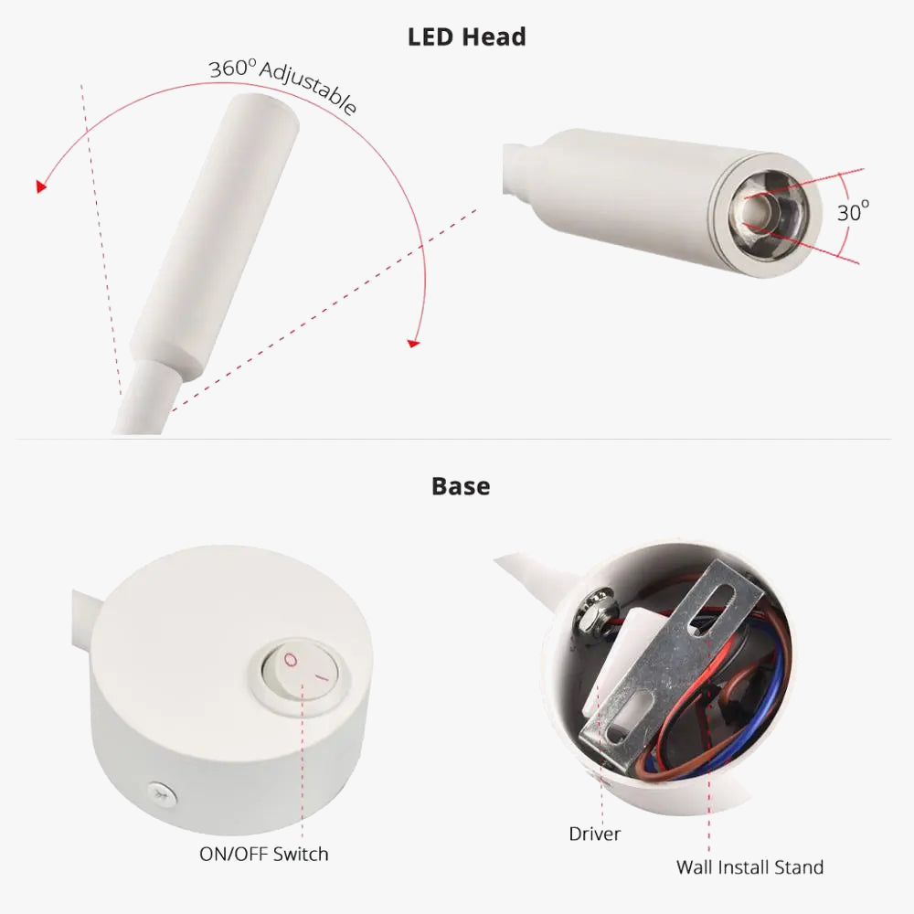 Lampe de Chevet travail étude lampe de lecture appliques 3W LED livre lampe mur veilleuse luminaires Spot LED ue US prise cordon Élias Courbe en Aluminium - Caractère & Élégance dans le Décor