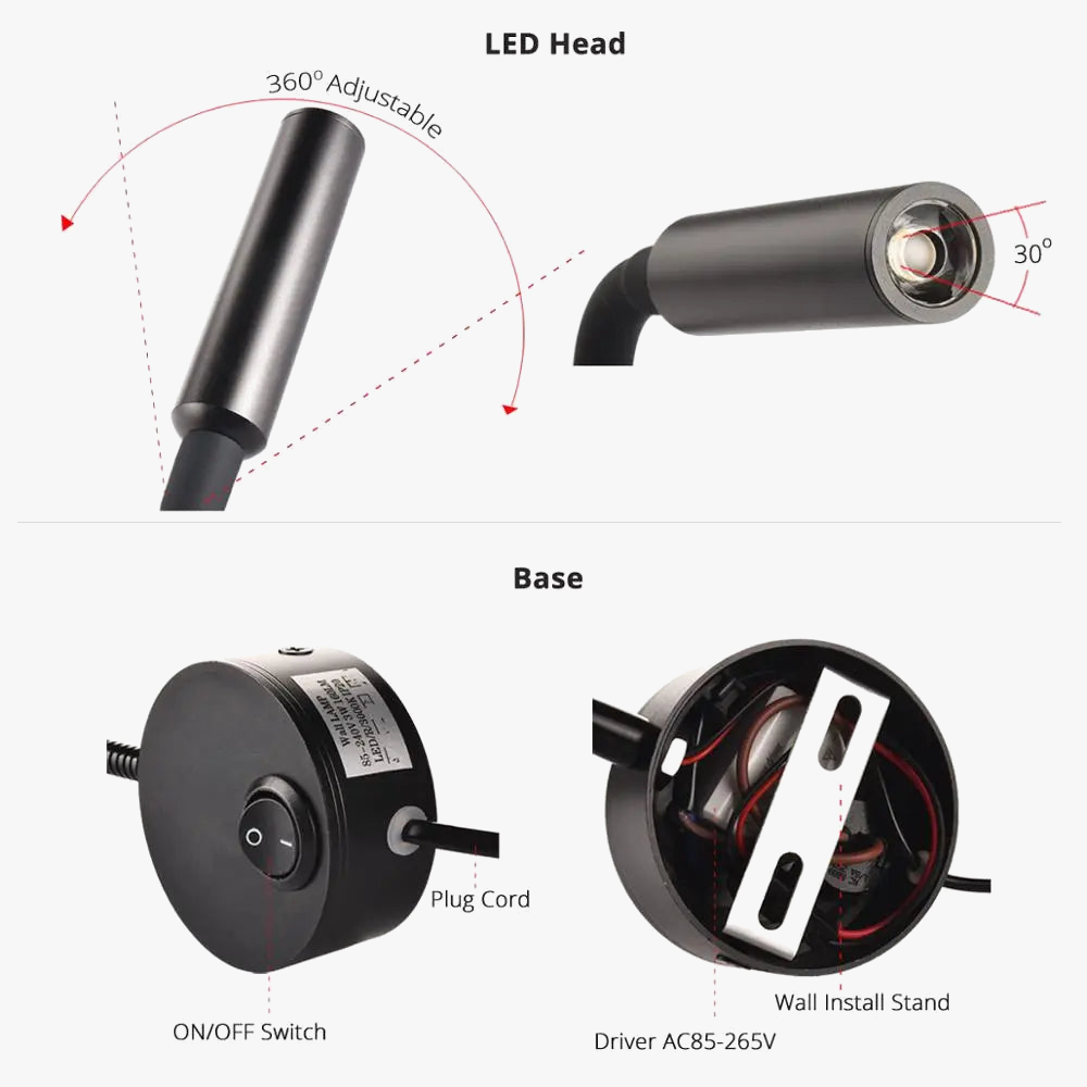 Lampe de Chevet travail étude lampe de lecture appliques 3W LED livre lampe mur veilleuse luminaires Spot LED ue US prise cordon Élias Courbe en Aluminium - Caractère & Élégance dans le Décor