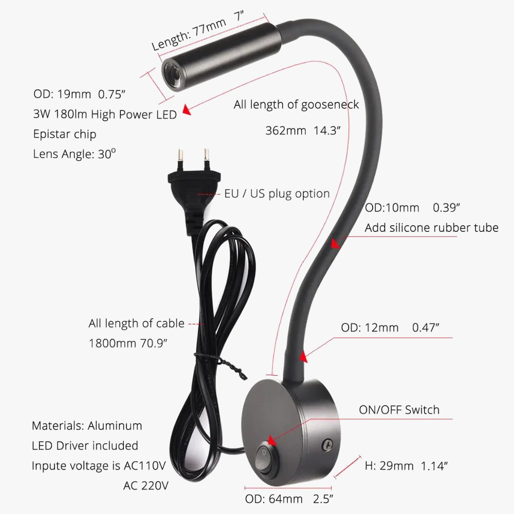 Lampe de Chevet travail étude lampe de lecture appliques 3W LED livre lampe mur veilleuse luminaires Spot LED ue US prise cordon Élias Courbe en Aluminium - Caractère & Élégance dans le Décor