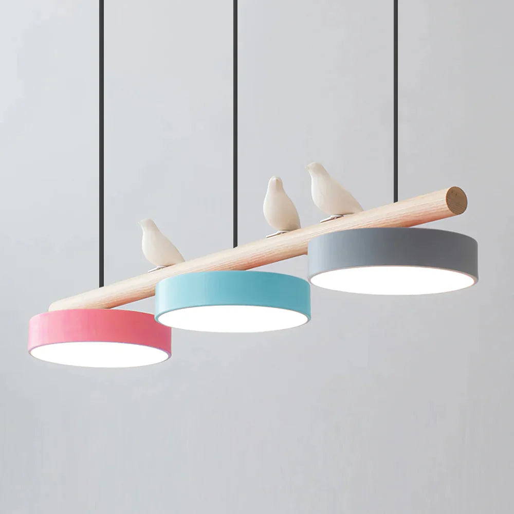 Cliff Suspension Oiseau - Câble Noir - Rose et Bleu et Gris - Lumière Chaude