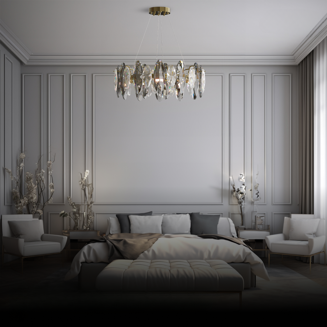 Kristy Design LED Lustre Verre/Métal Cristaux Dorés Salon/Chambre à Coucher - Neutralighting