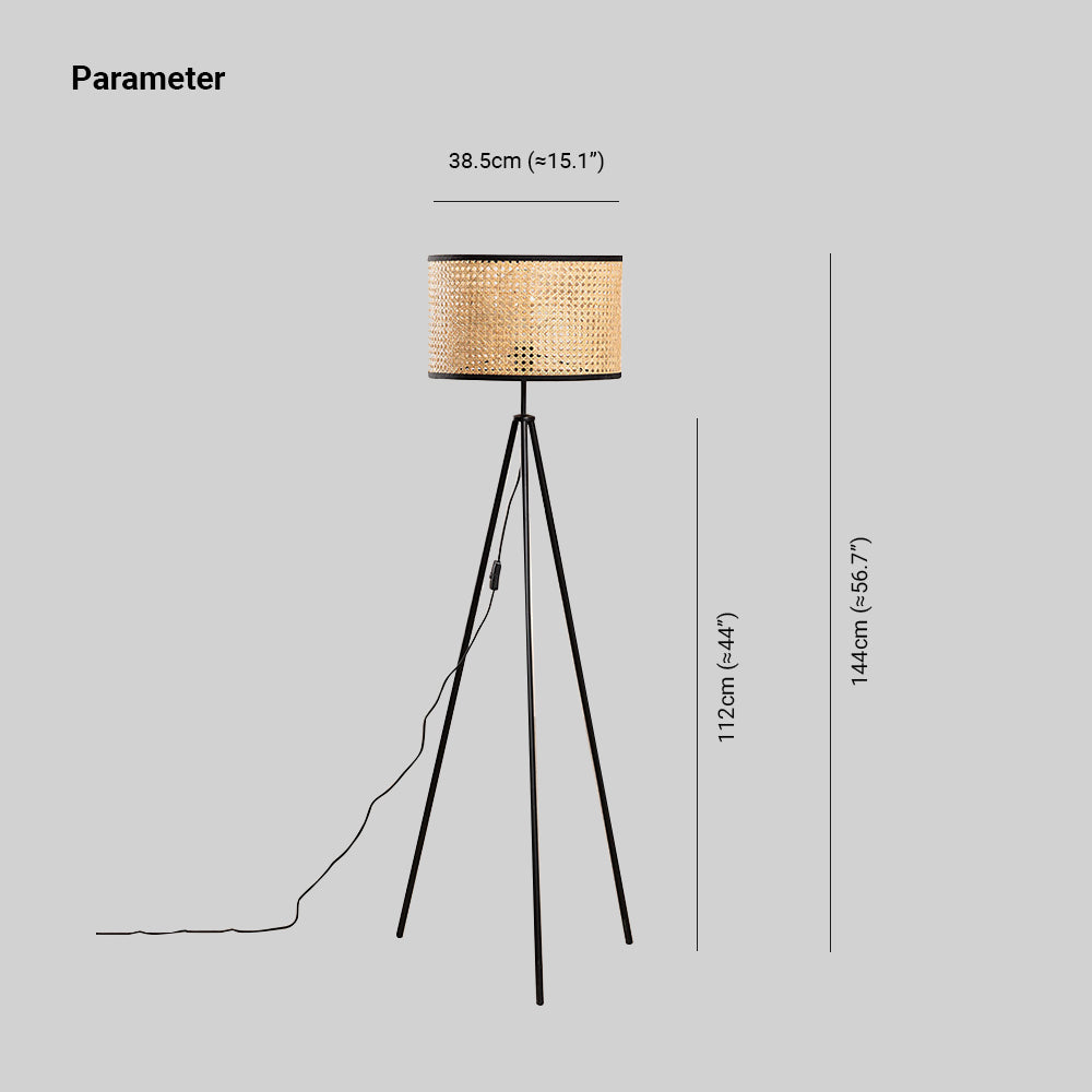 Ritta Lampadaire Trépied Moderne, Métal/Rotin, Bois, Salon - Neutralighting