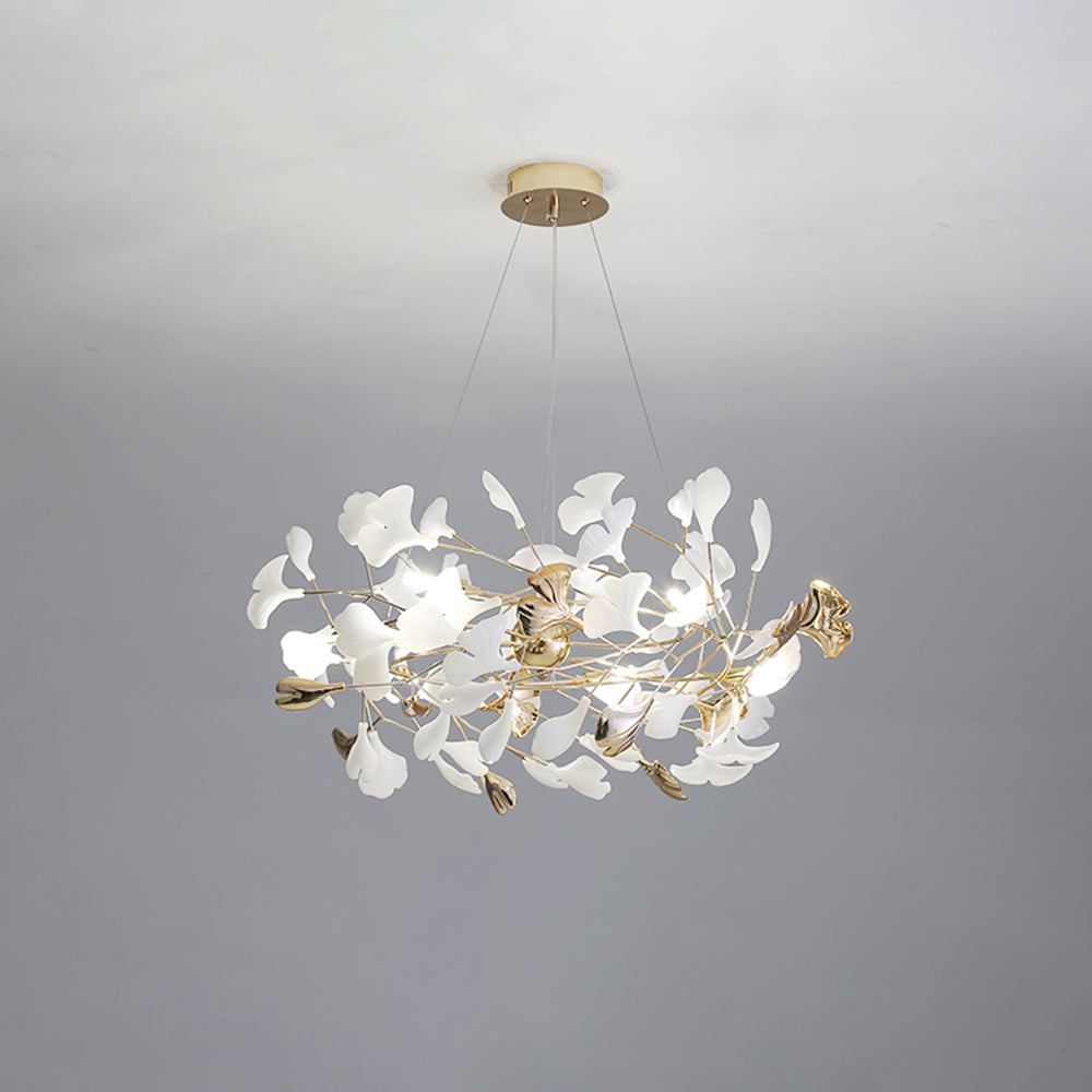 Jarn Suspension Feuille/Multi Moderne Métal/Céramique Doré/Blanc Salon - D60 cm hauteur 40 cm.48 pièces