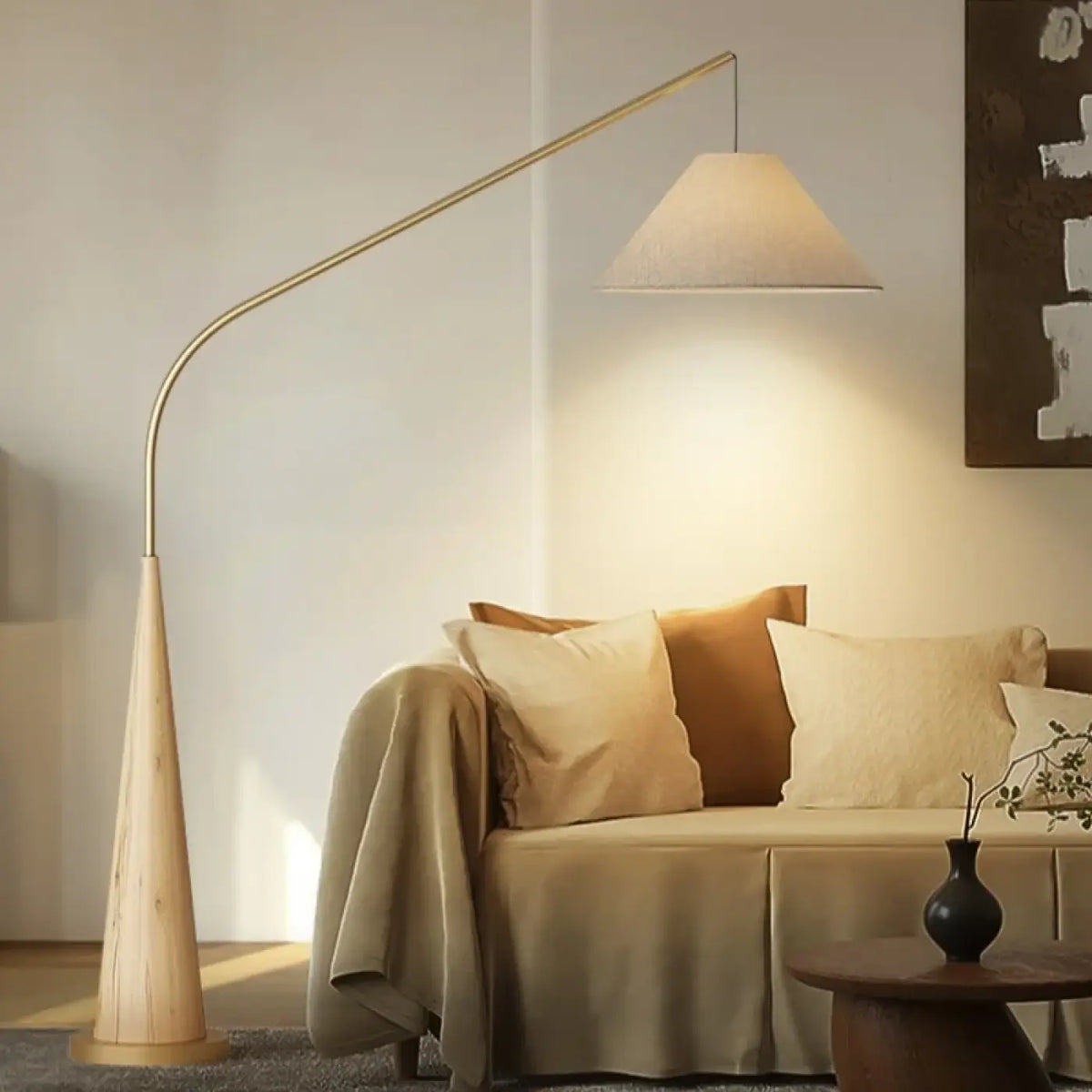 Lampadaire en bois arque avec abat jour au style scandinave chic – Néolys Arabesque