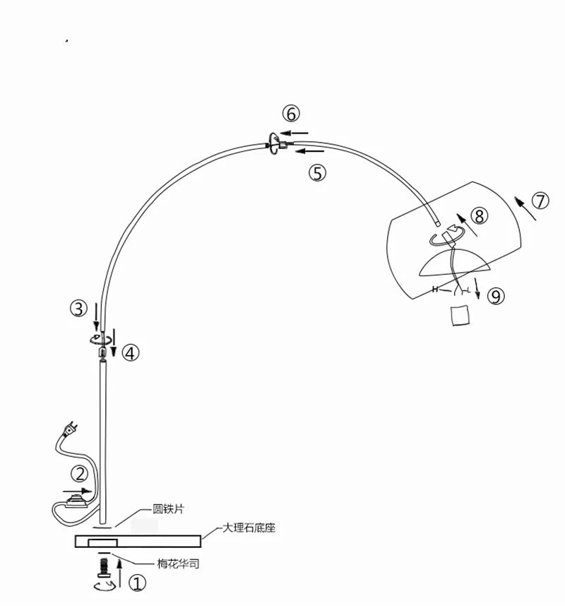 Lampadaire arc nordique pliant et rotatif en marbre et bois, argenté, pour étude, salon et chambre – Valombre Courbe