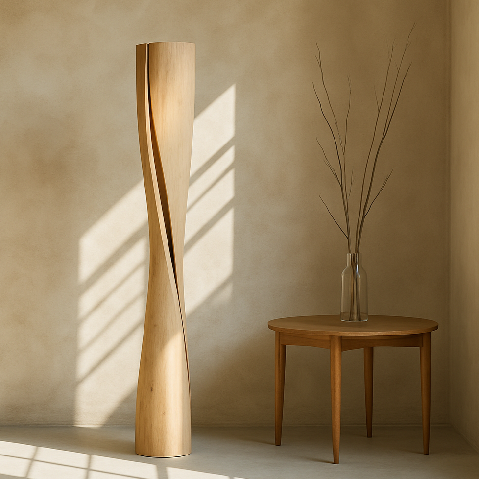 Lampadaire Tōgi en bois, colonne élancée dans un intérieur.