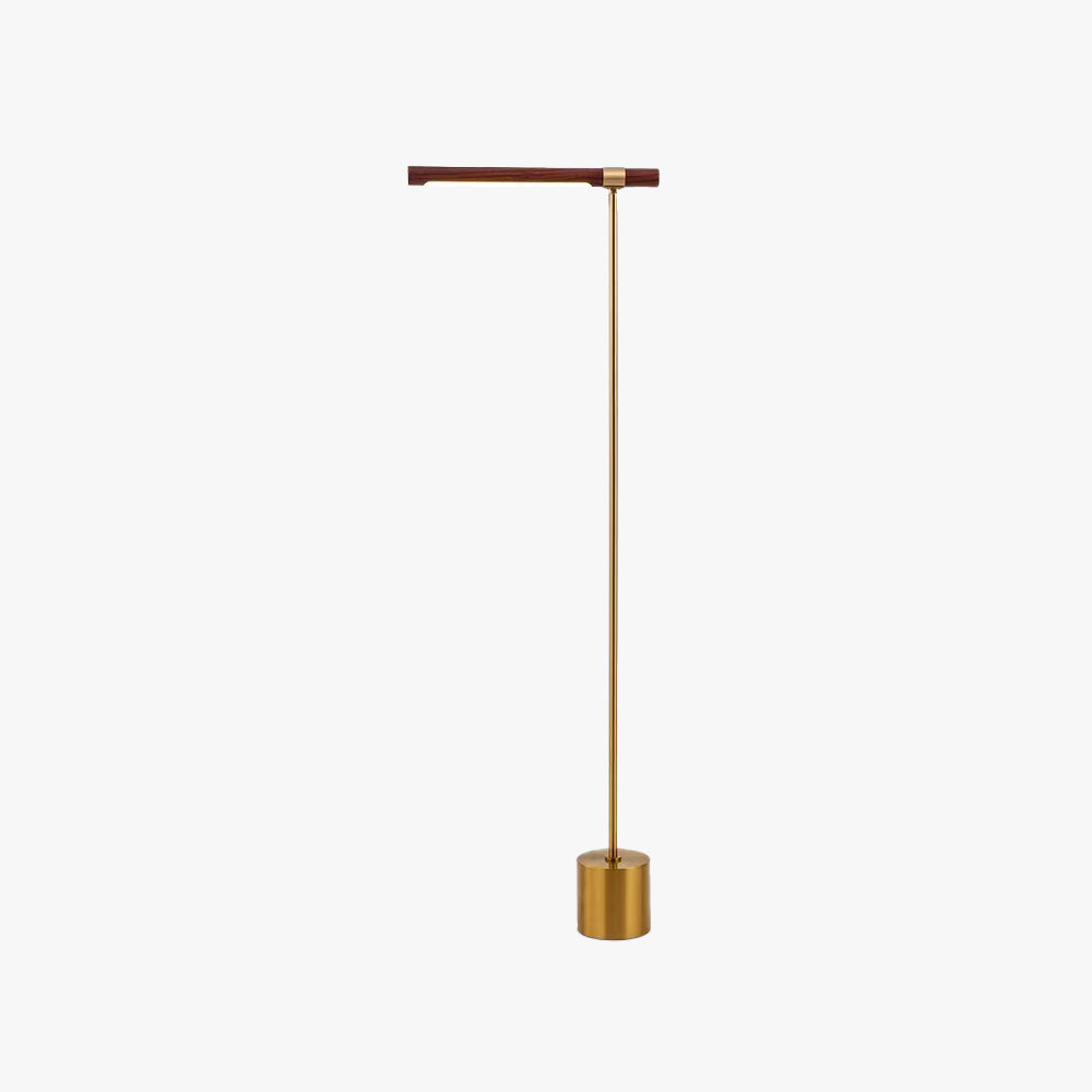 Lampadaire Simon doré à tige fine, barre horizontale effet bois et pied cylindrique
