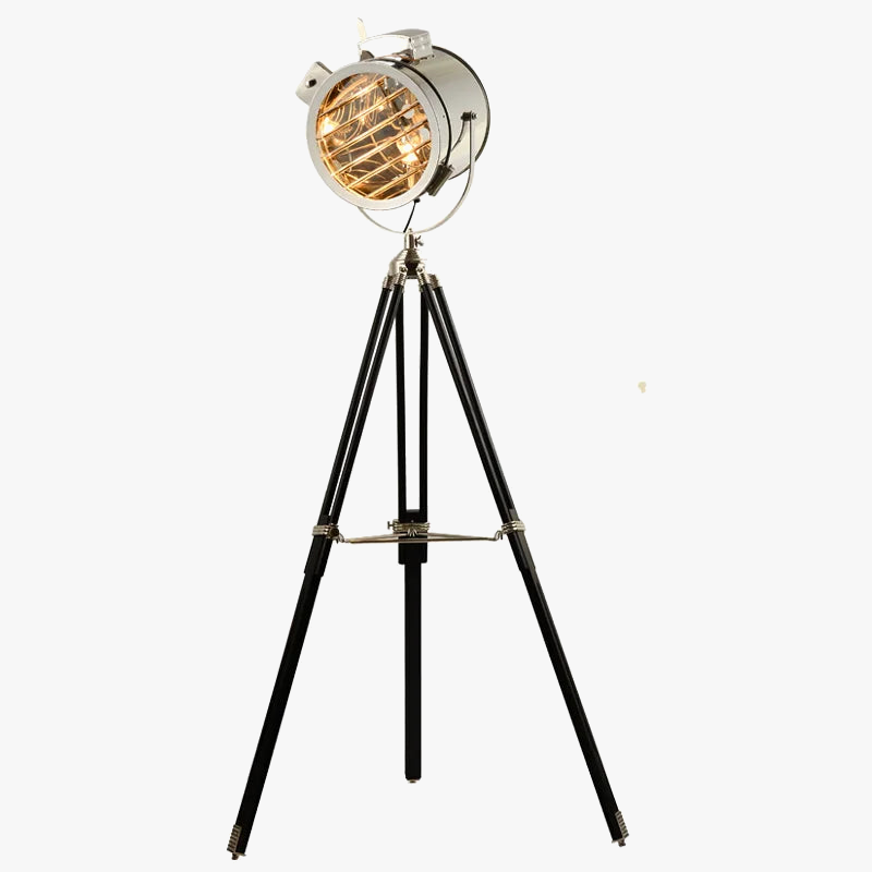 Lampadaire — Trépied rétro industriel en bois argenté doré créatif