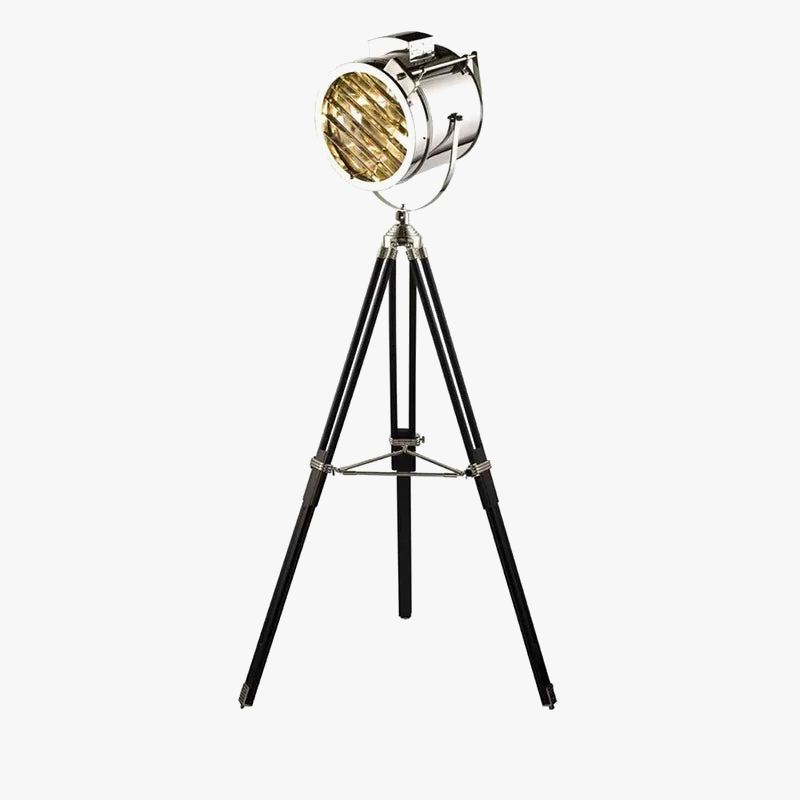 Lampadaire — Trépied rétro industriel en bois argenté doré créatif