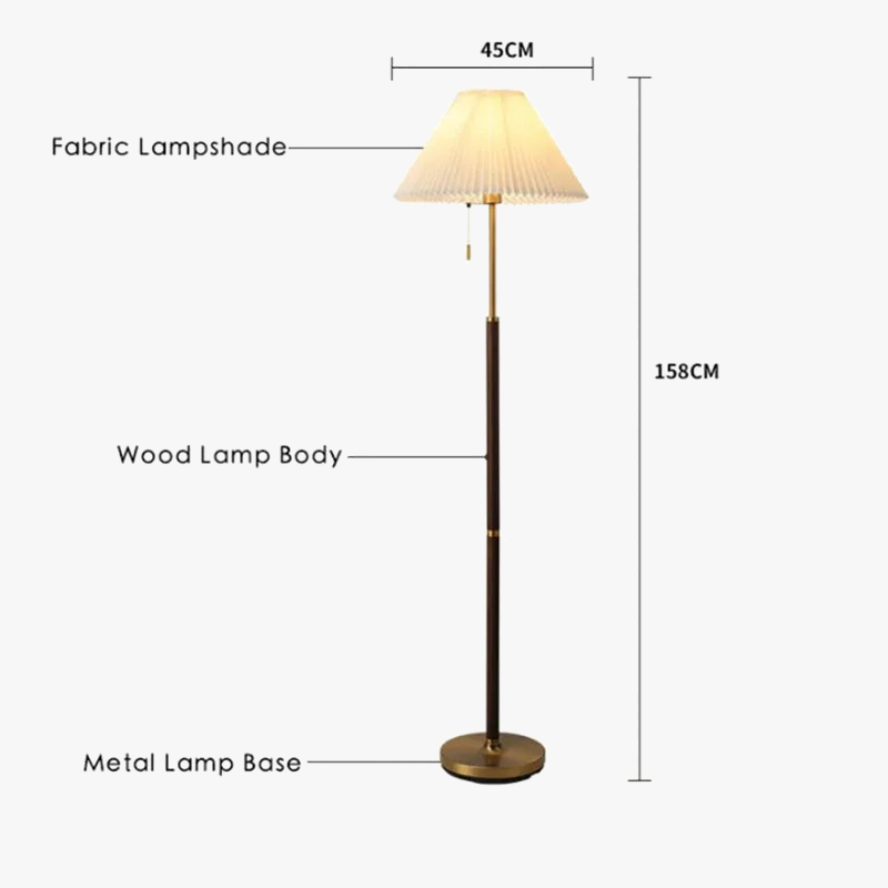 Lampadaire vintage en bois avec abat-jour en tissu plissé – Éléandre