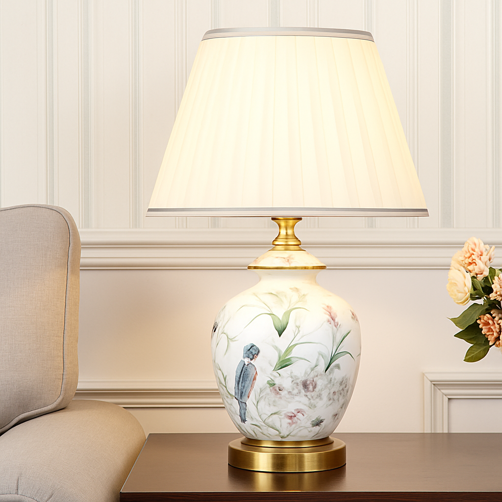 lampe de bureau céramique moderne motifs fleurs oiseaux décoration intérieure