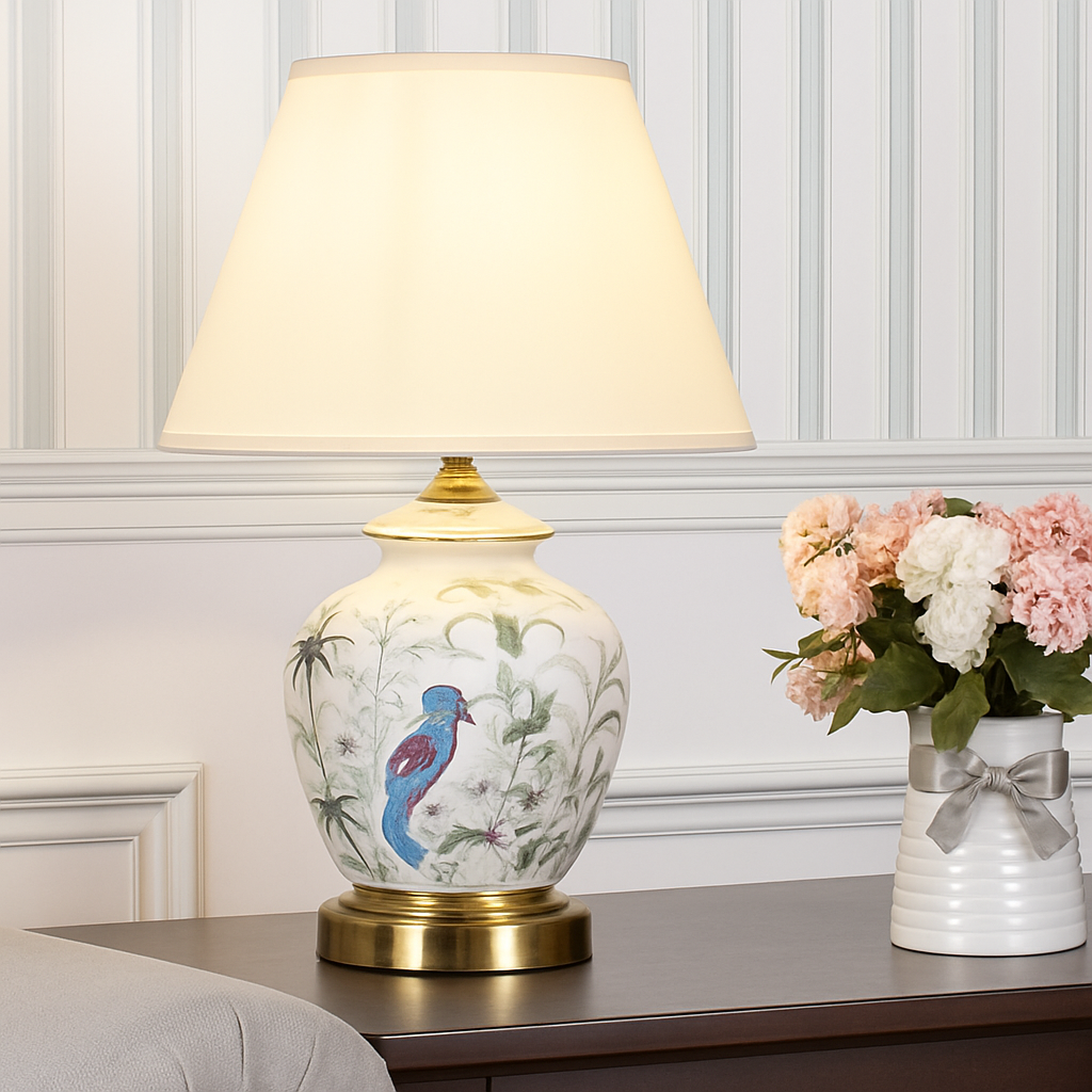 lampe de bureau céramique moderne motifs fleurs oiseaux décoration intérieure