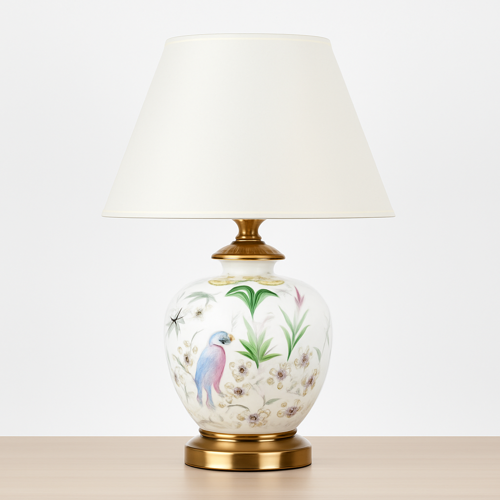 lampe de bureau céramique moderne motifs fleurs oiseaux décoration intérieure